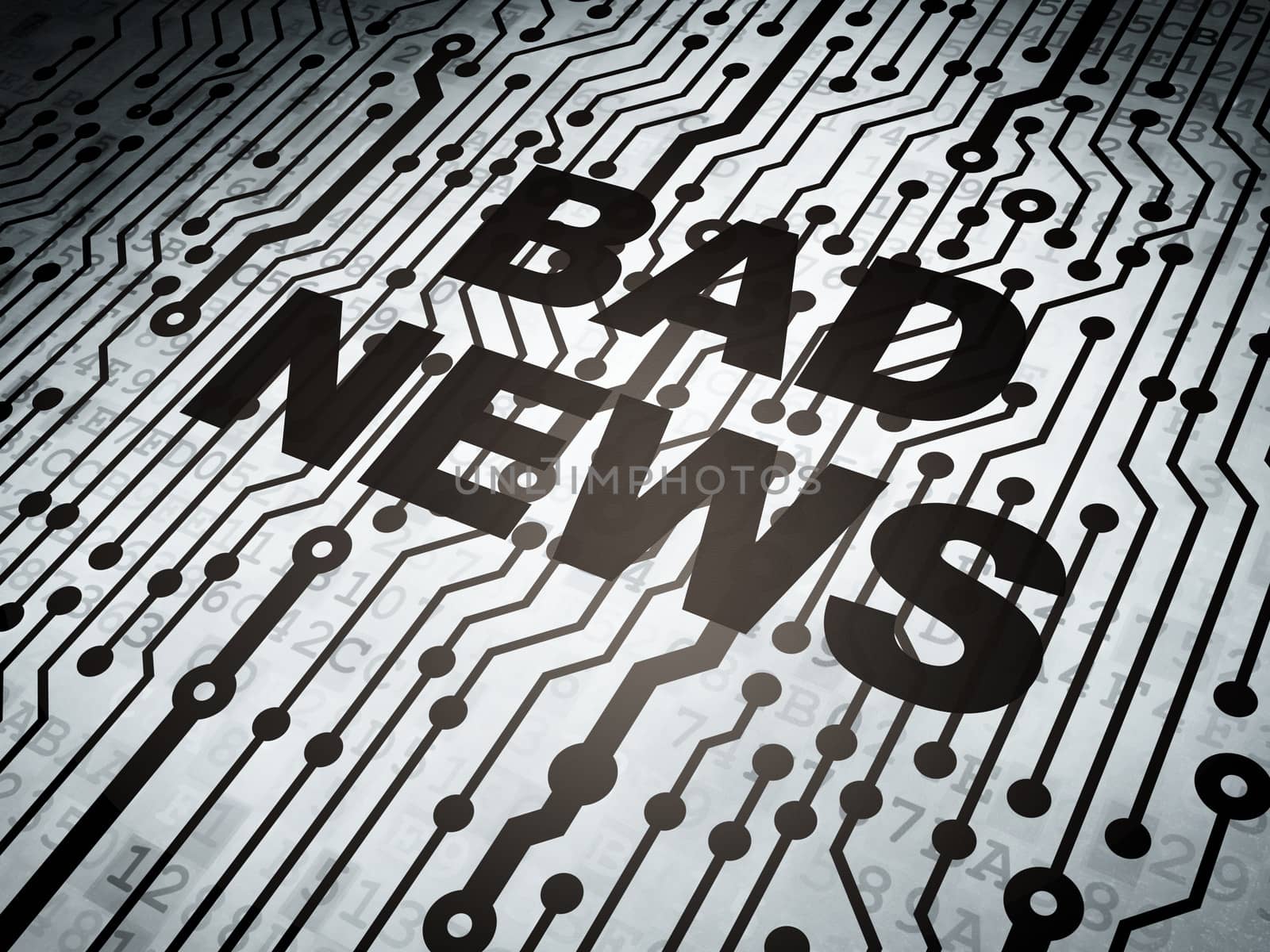 News concept: circuit board with  word Bad News, 3d render
