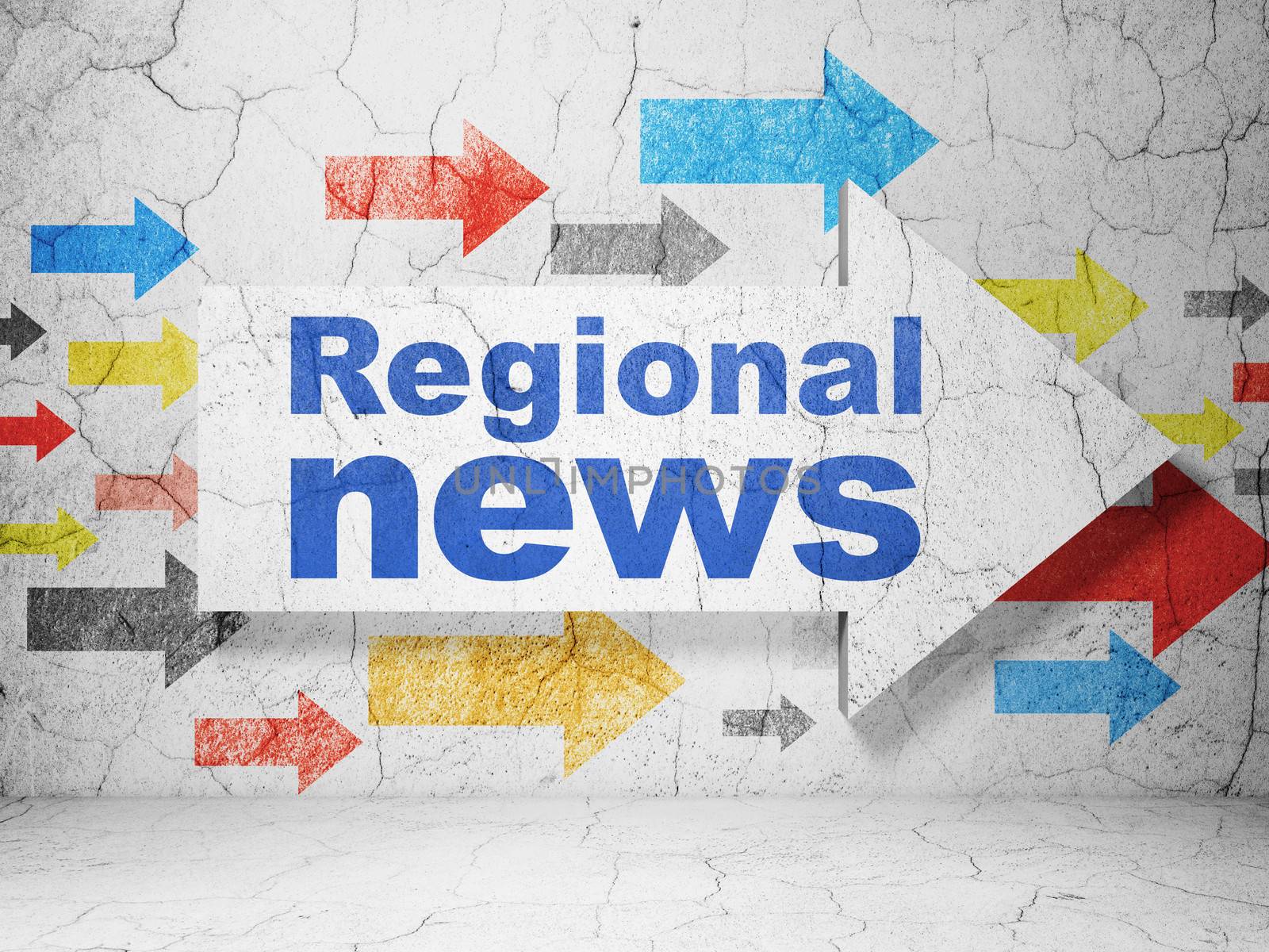 News concept:  arrow with Regional News on grunge textured concrete wall background, 3d render