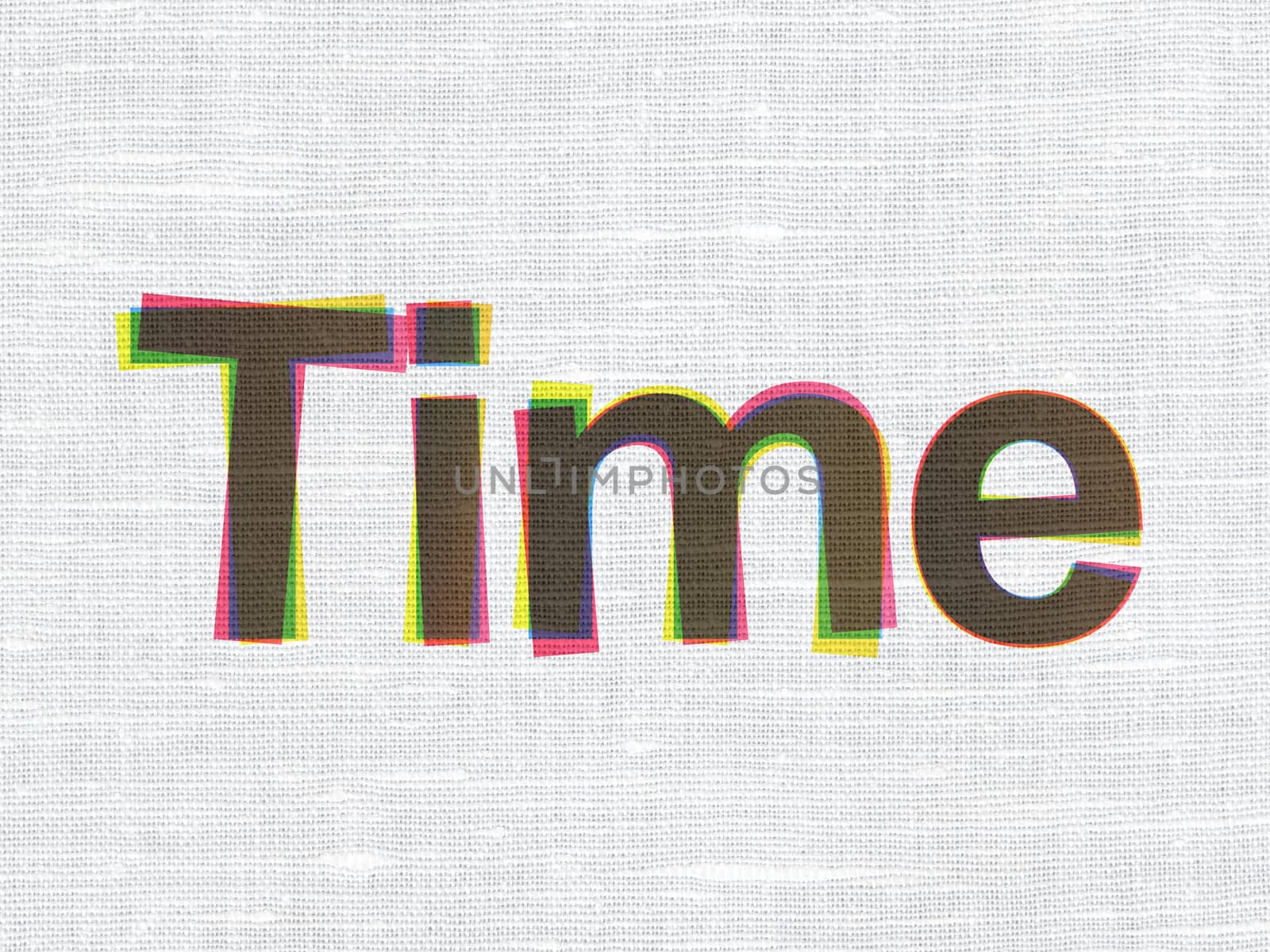 Timeline concept: CMYK Time on linen fabric texture background, 3d render