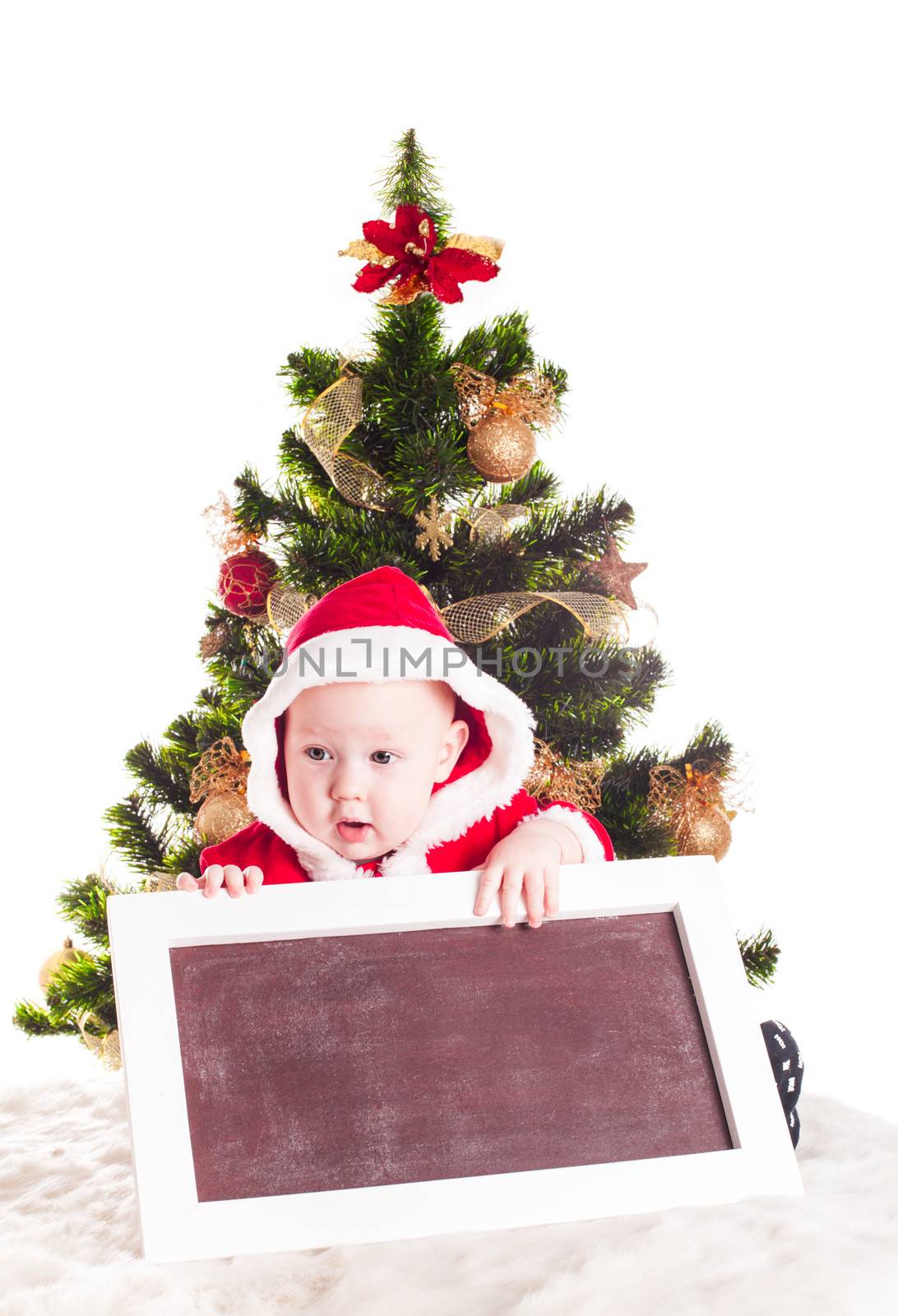Santa and chalkboard with chritmas tree for greetings