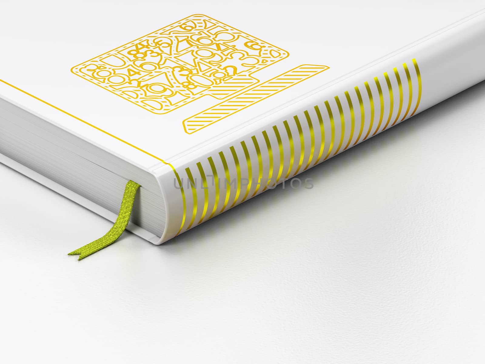 Education concept: closed book with Gold Computer Pc icon on floor, white background, 3d render