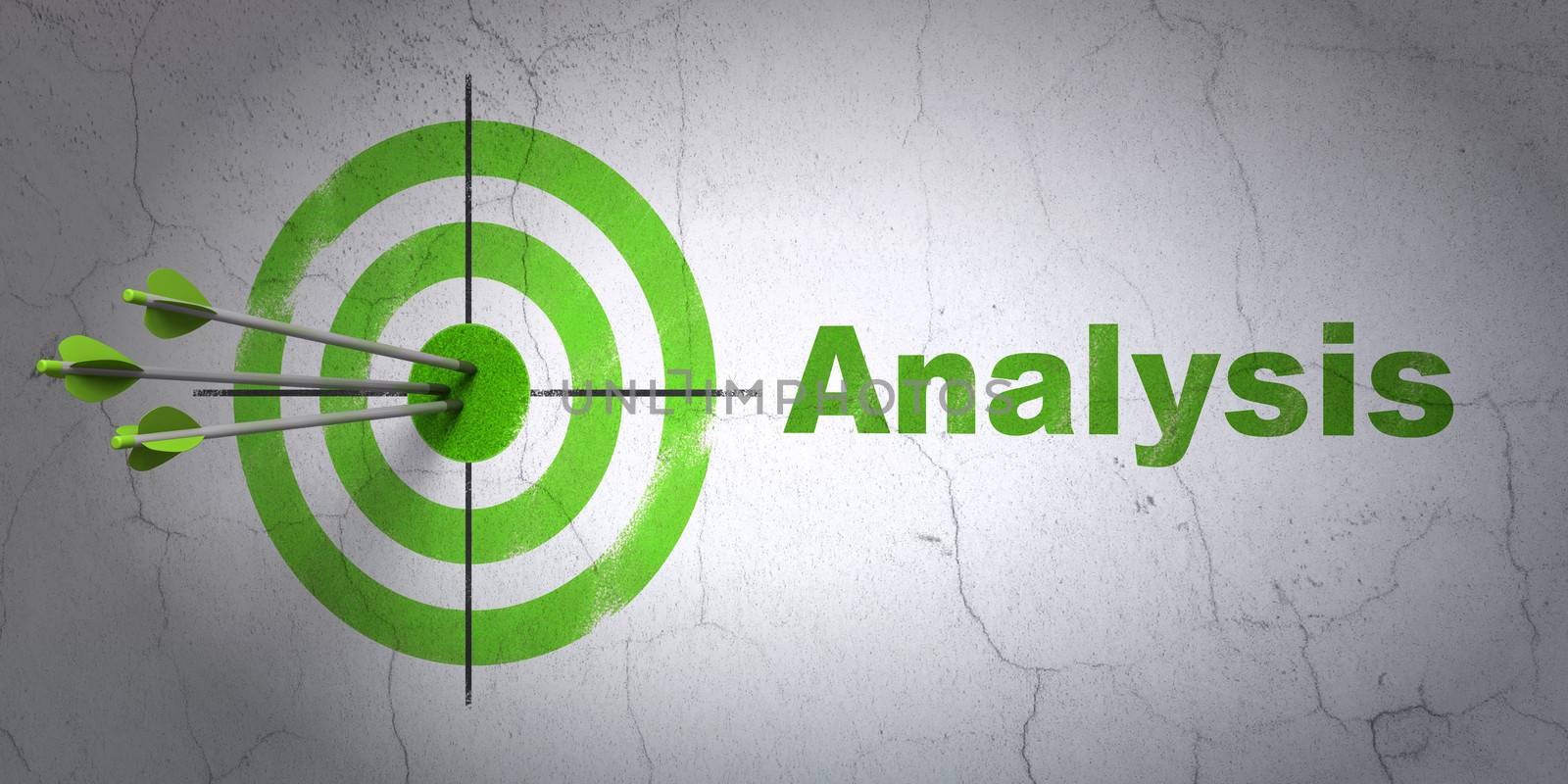 Success advertising concept: arrows hitting the center of target, Green Analysis on wall background, 3d render