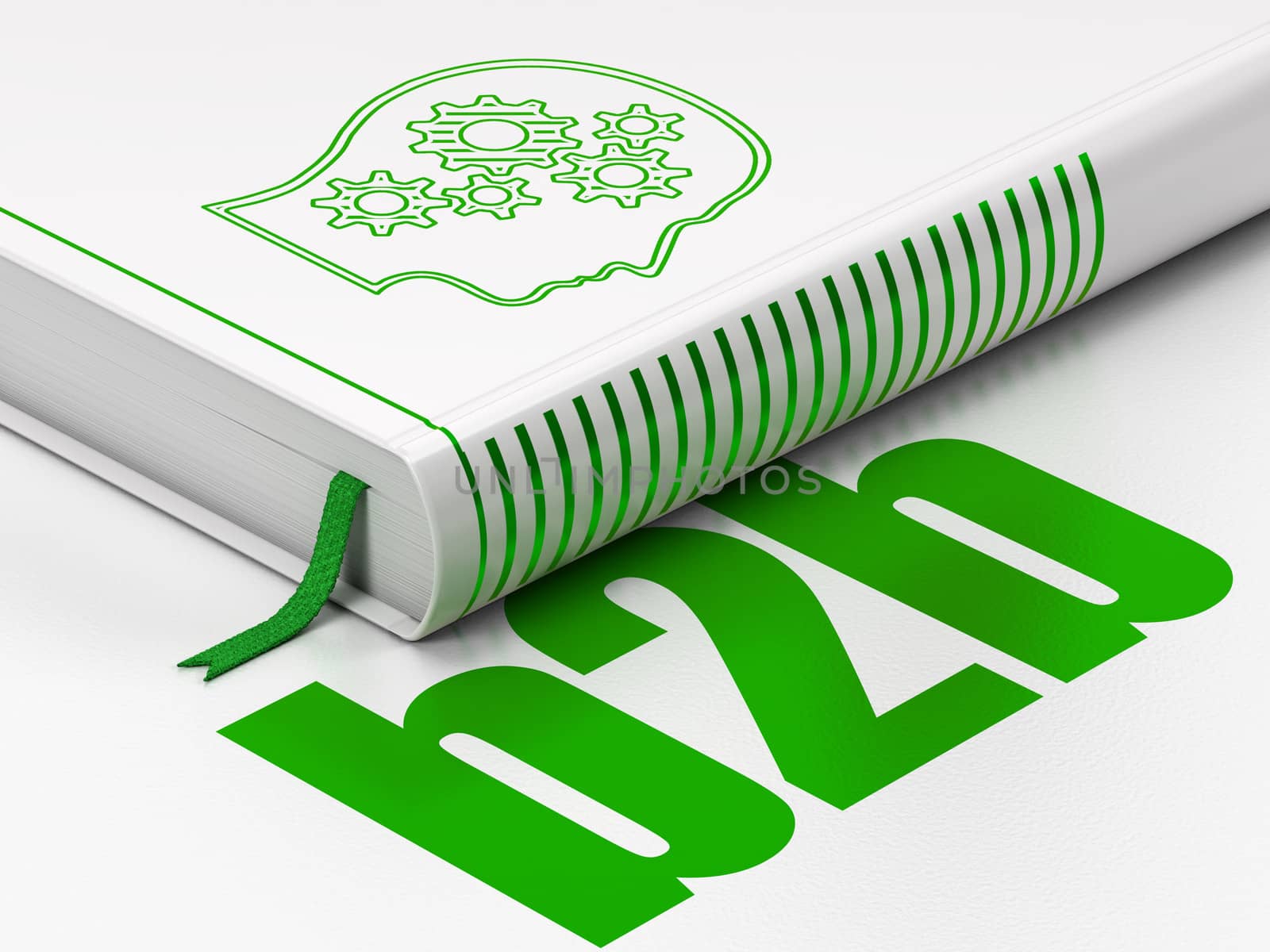 Finance concept: closed book with Green Head With Gears icon and text B2b on floor, white background, 3d render