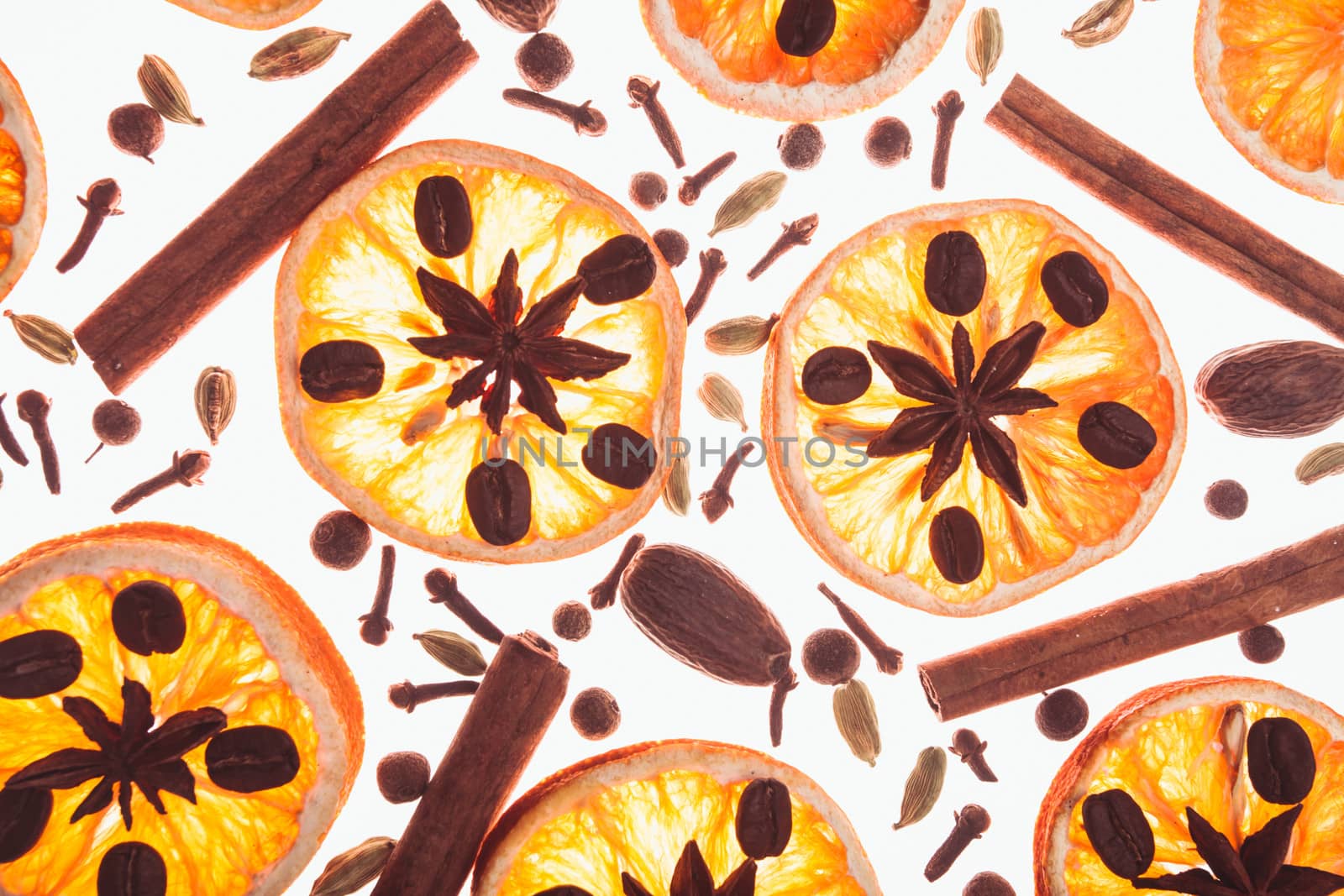 Christmas background with spices and dry orange's slices and coffee beans