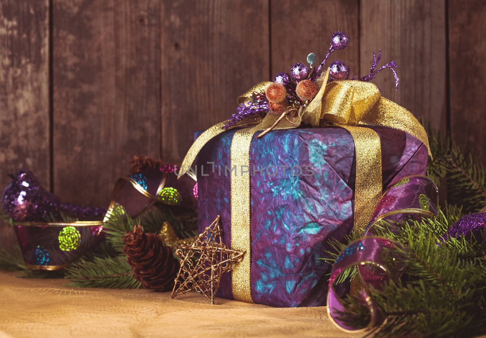 Presents over wooden background for Merry Christmas and Happy New Year