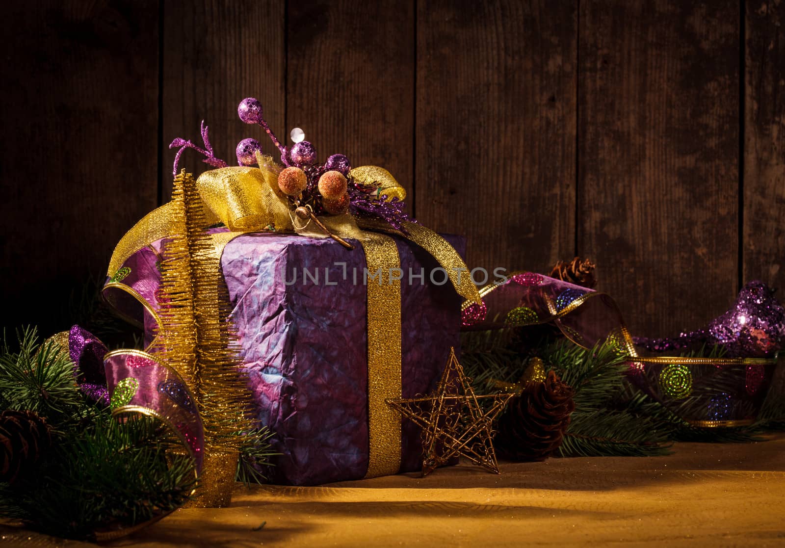 Presents over wooden background for Merry Christmas and Happy New Year