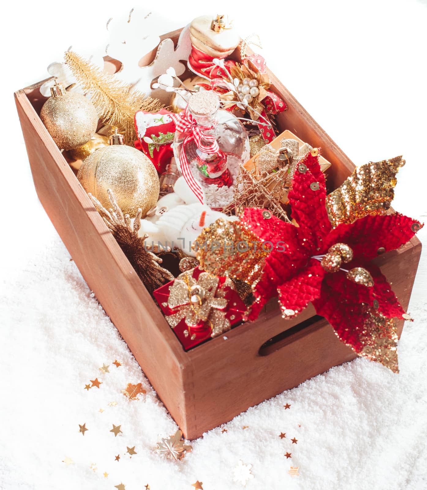 Wood box with christmas decoration, preparation for holidays