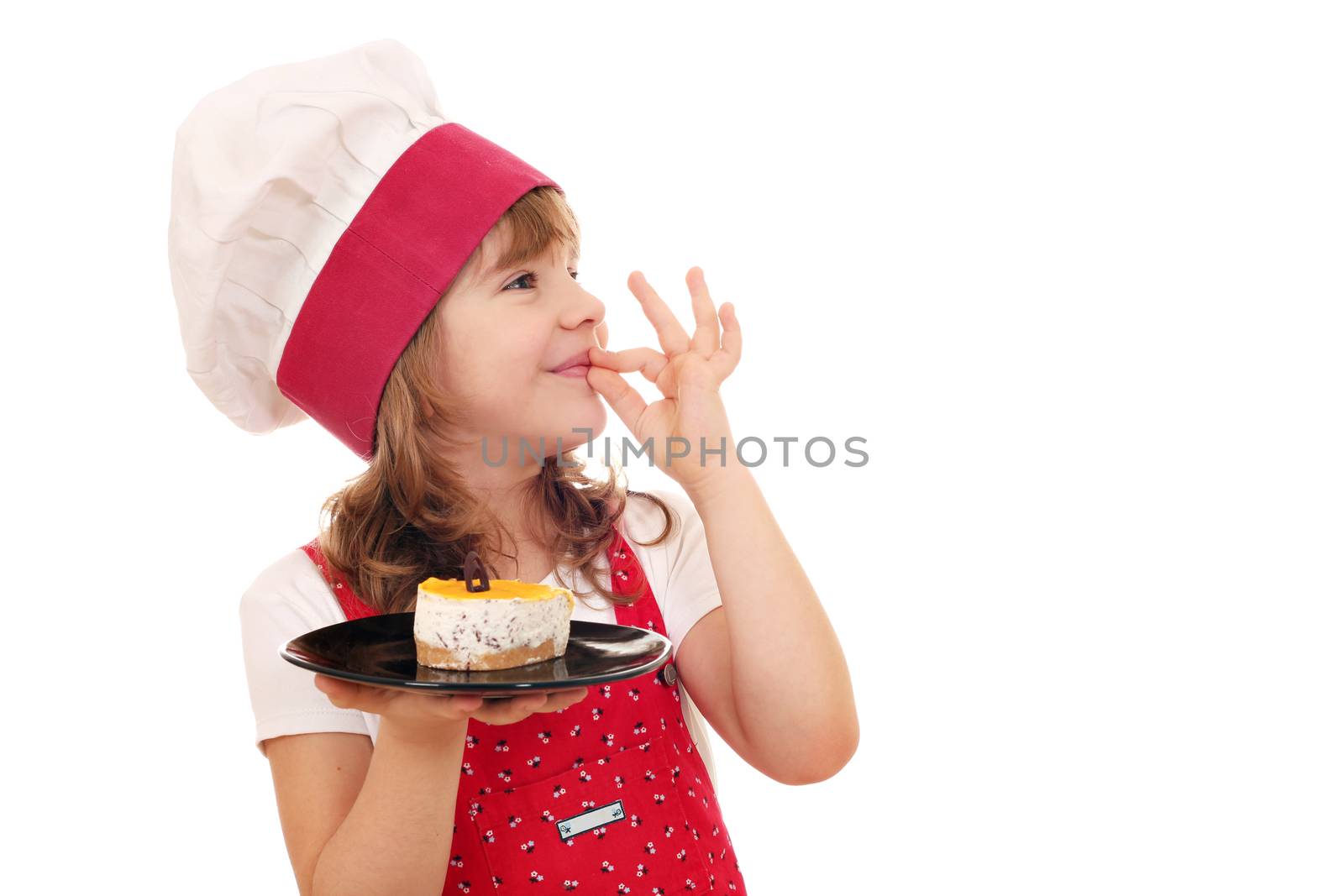 happy little girl cook with cake and ok hand sign