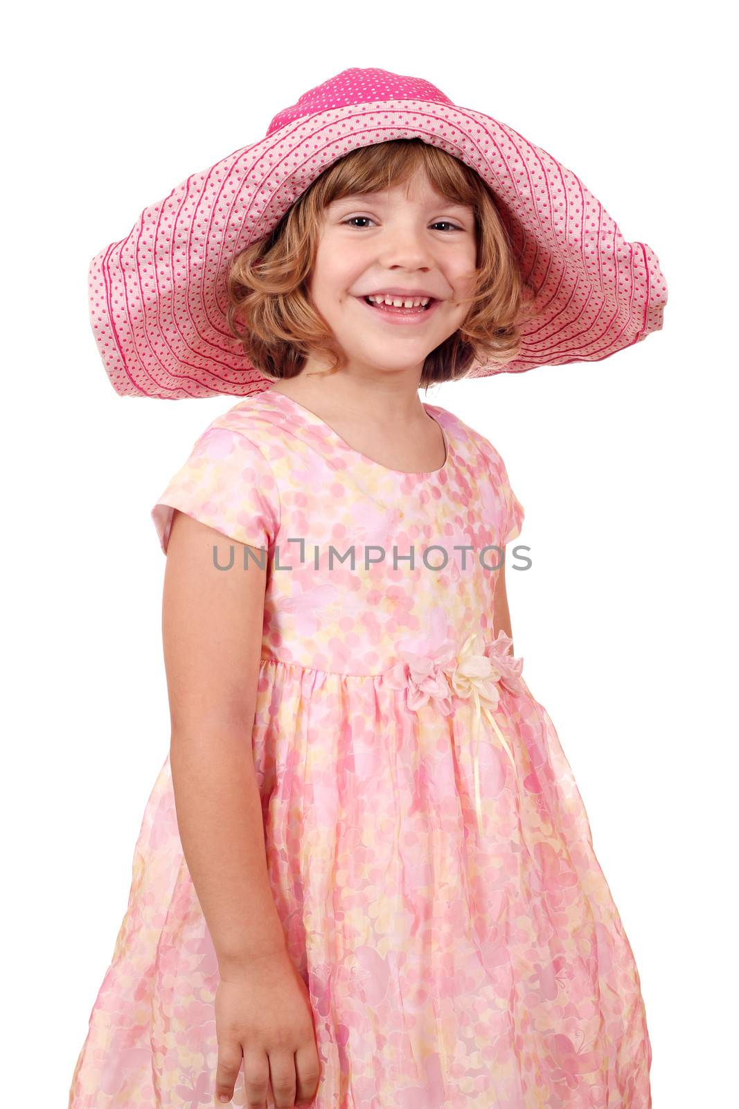 happy little girl with big hat on white 