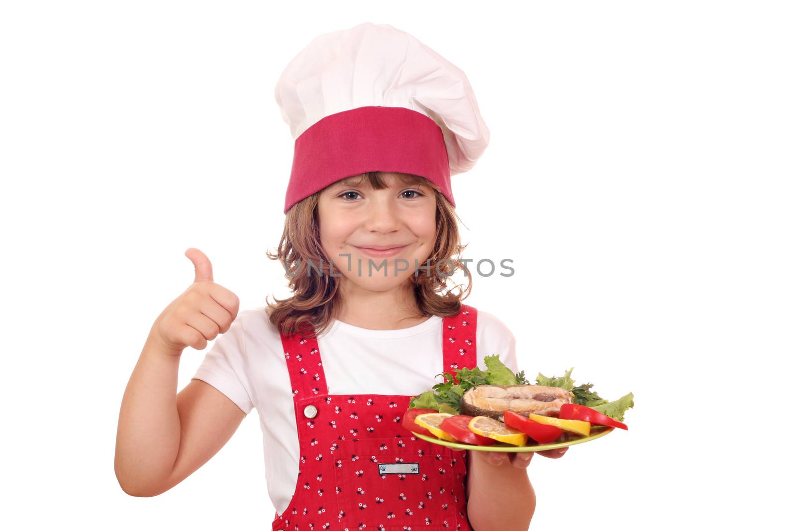 little girl cook with salmon seafood and thumb up