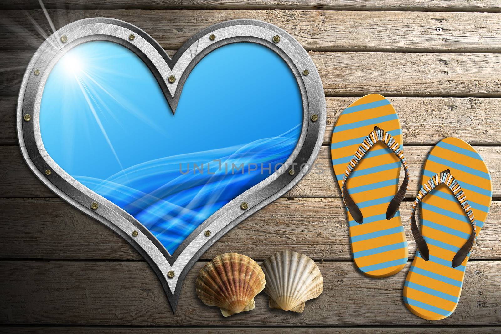 Metal porthole heart shape with stylized waves, on wooden floor with sand, flip flops sandals and two seashells