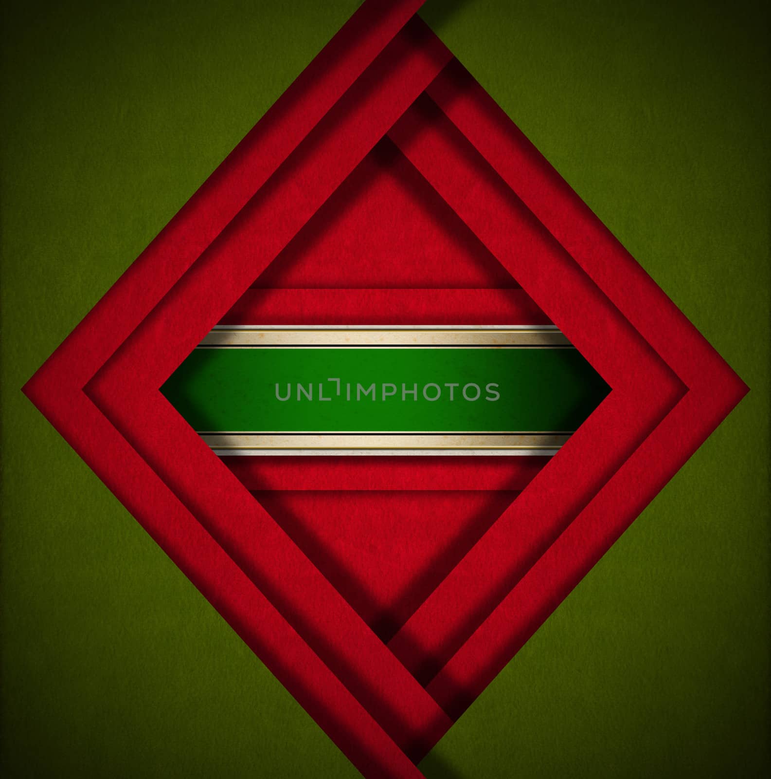 Red and green velvet background with geometric forms and green plaque