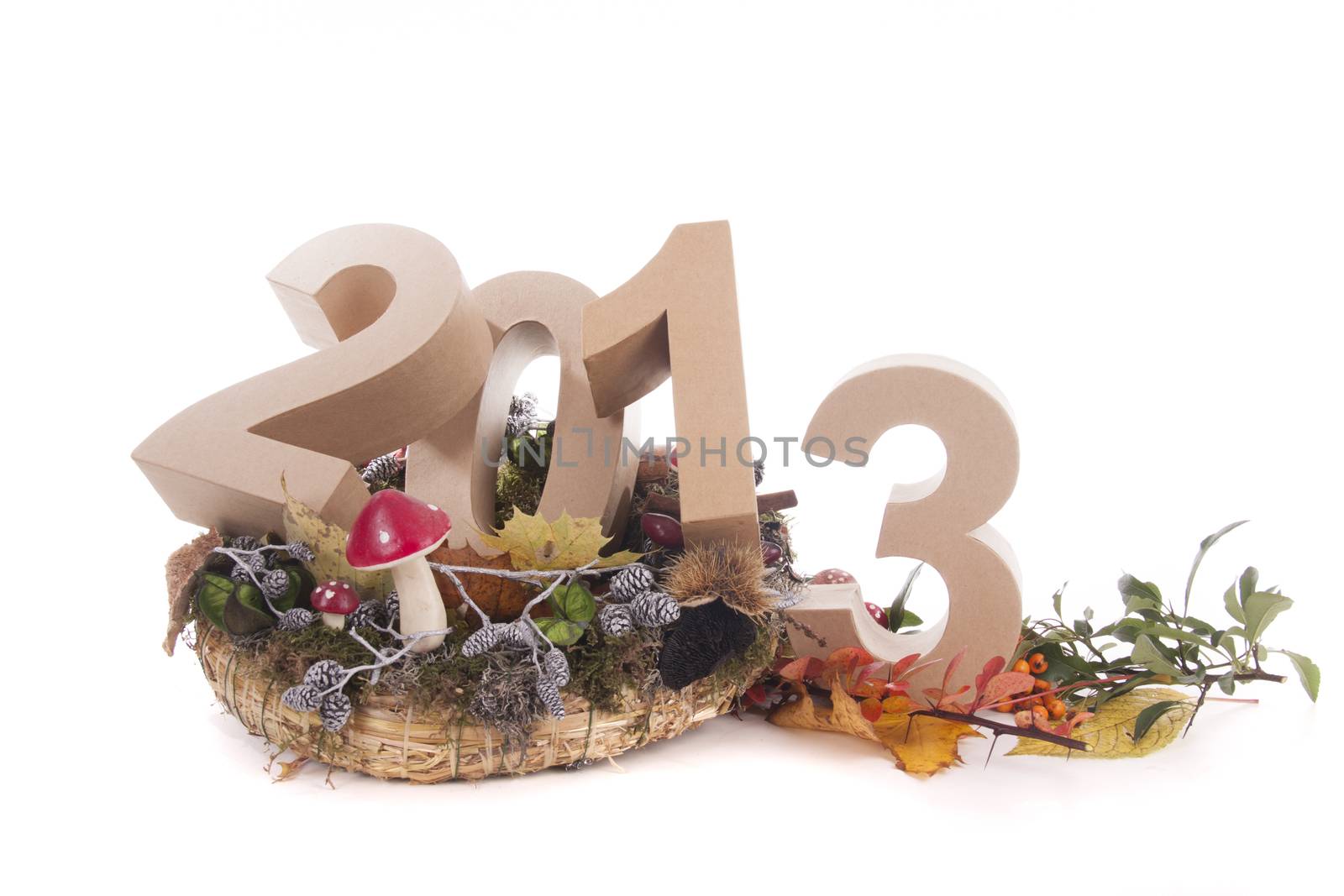 Year in numbers with autumn leaves and other product for New Year