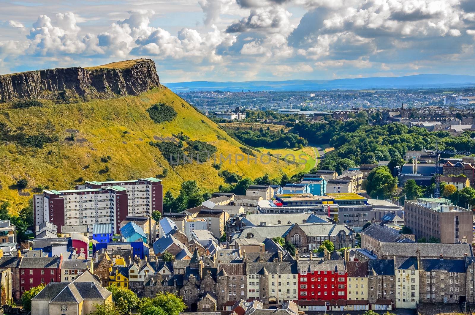 Edinburgh citiscape view with houses and Salisbury crags, Scotland, United Kingdom