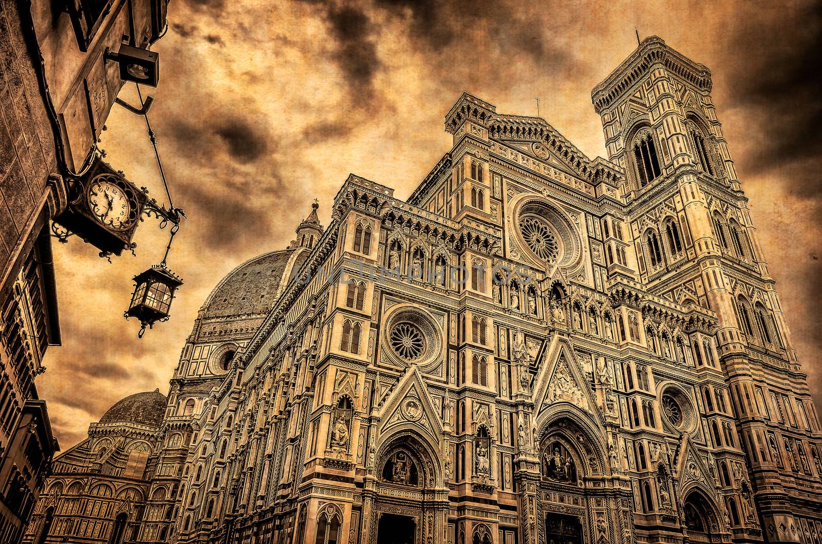 View of Florence Duomo cathedral and street clock in monochrome vintage style