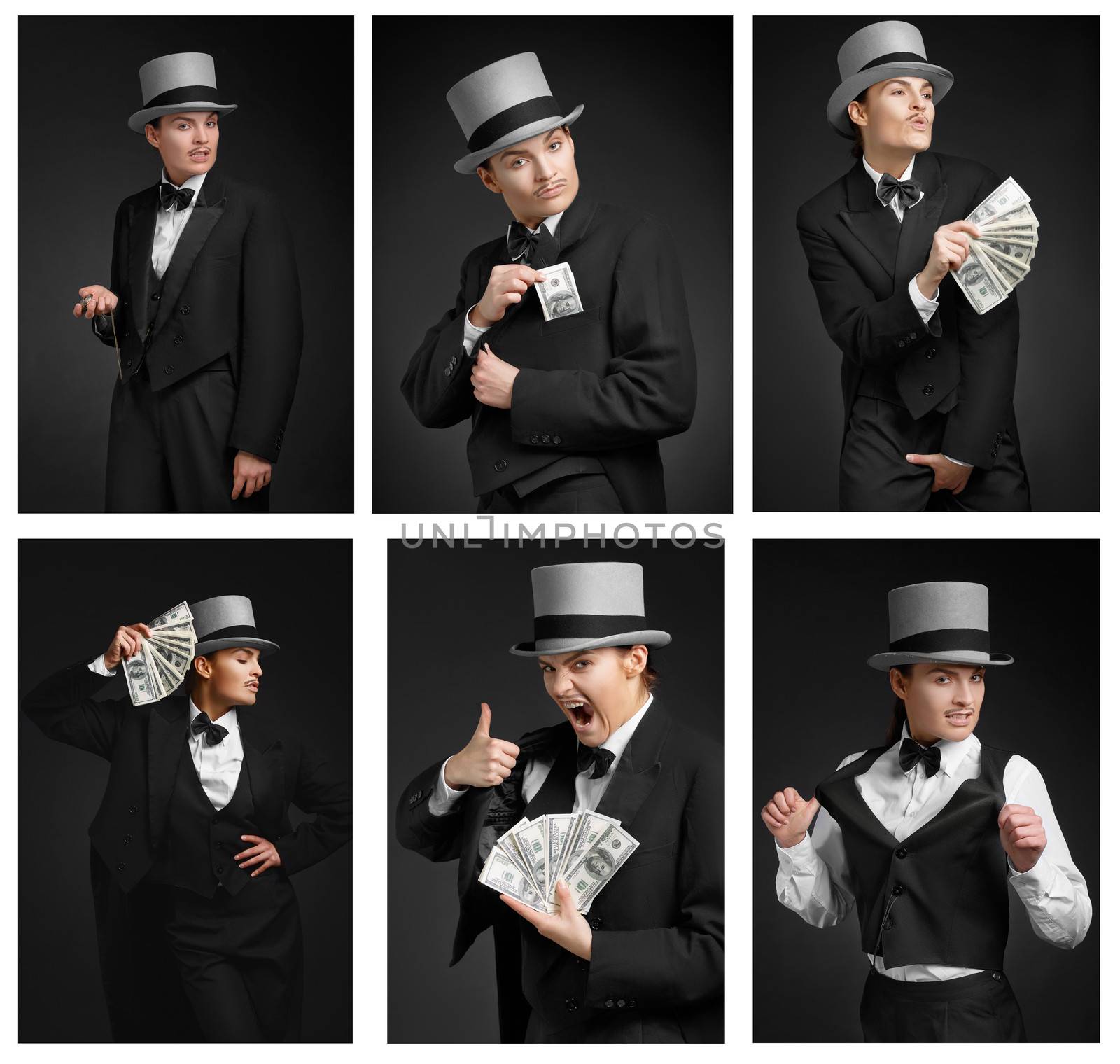 group of gangster girl. Holding dollars watch. Eccentric and emotional
