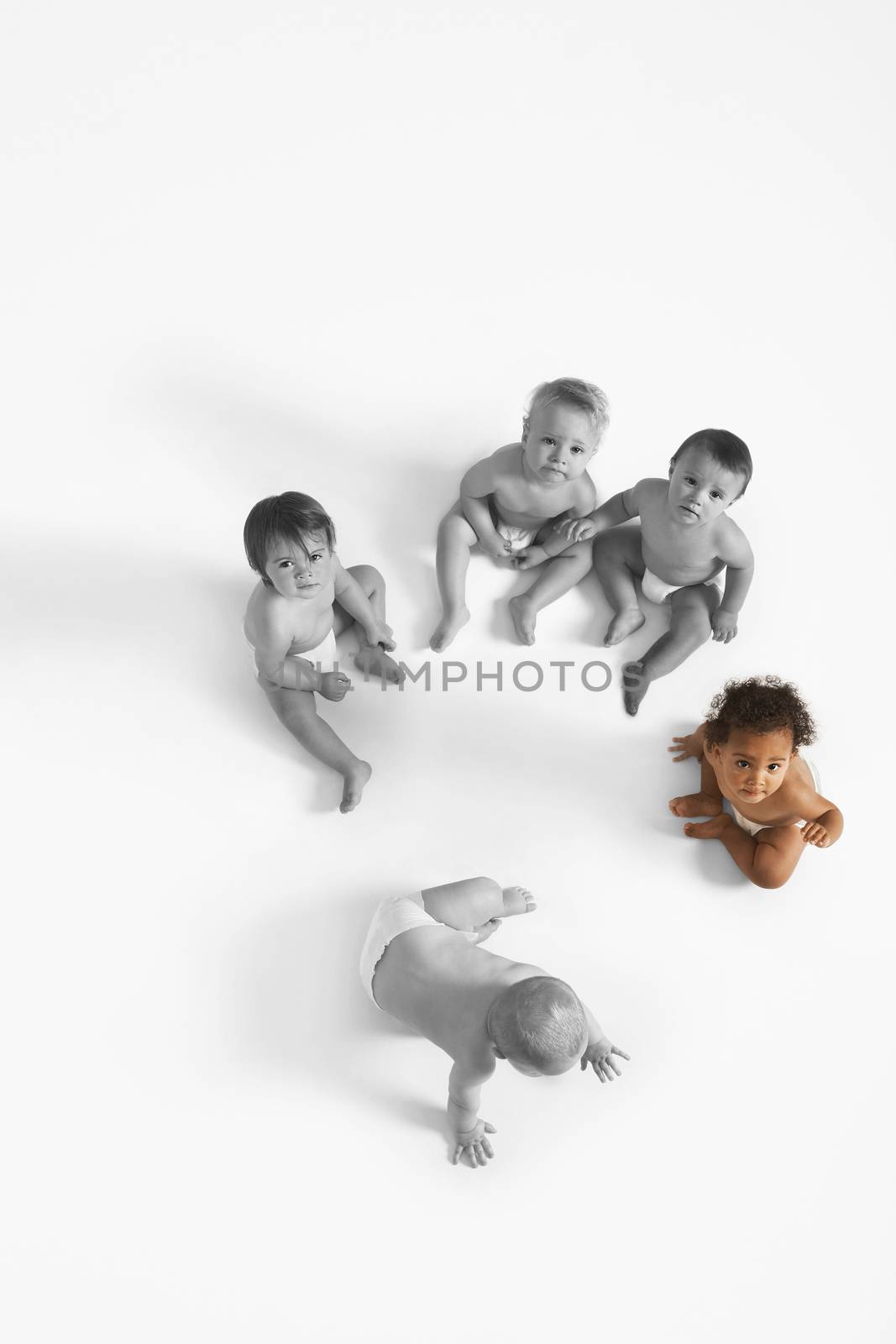 High angle view of baby girl looking up with other babies sitting on floor by moodboard