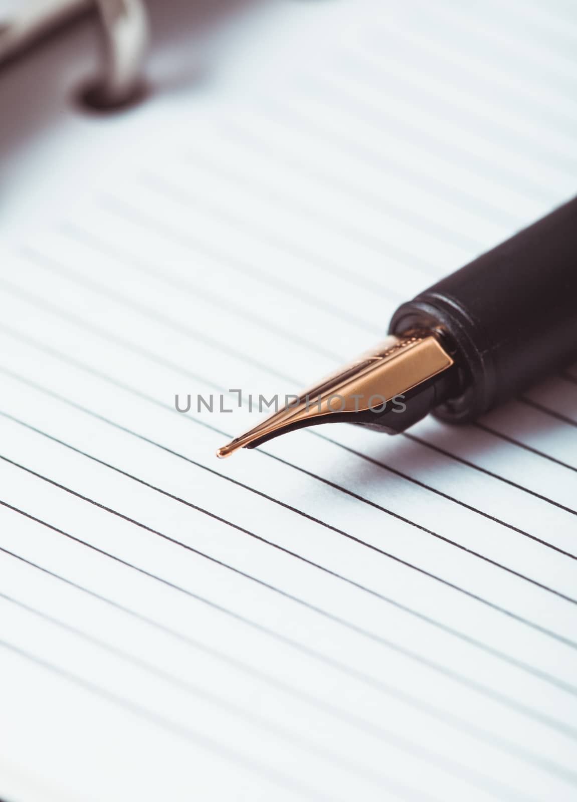 Metal feather pen on the ruled paper in the notebook