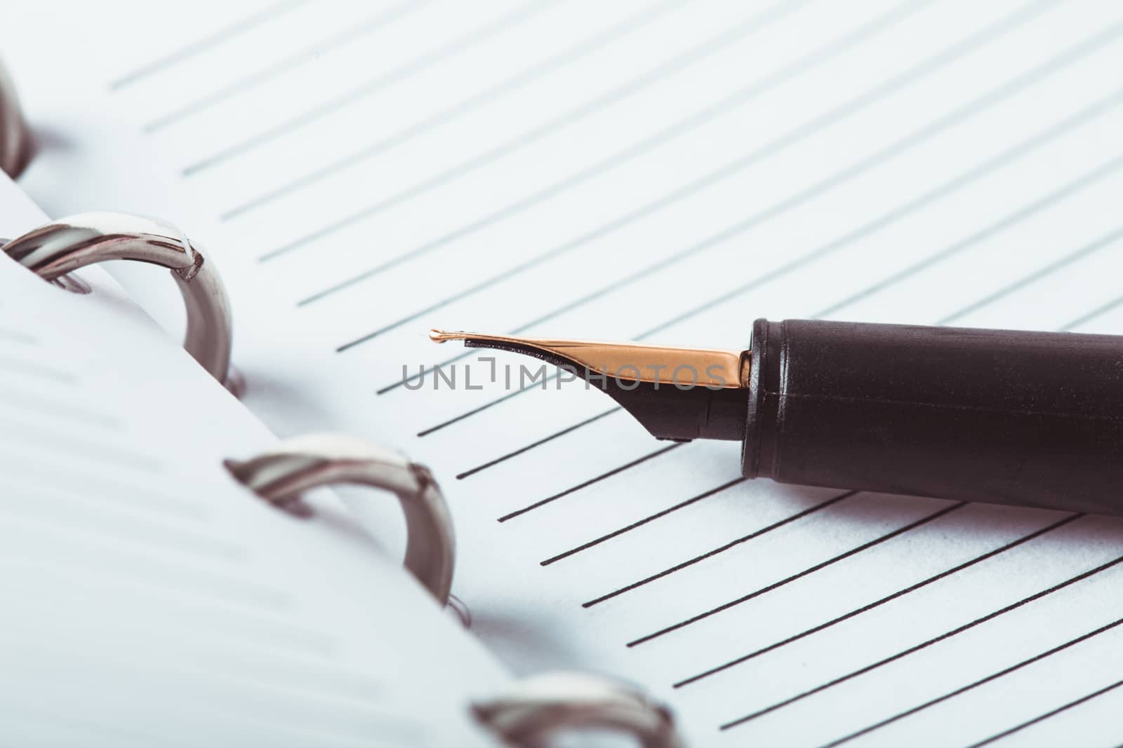 Metal feather pen on the ruled paper in the notebook