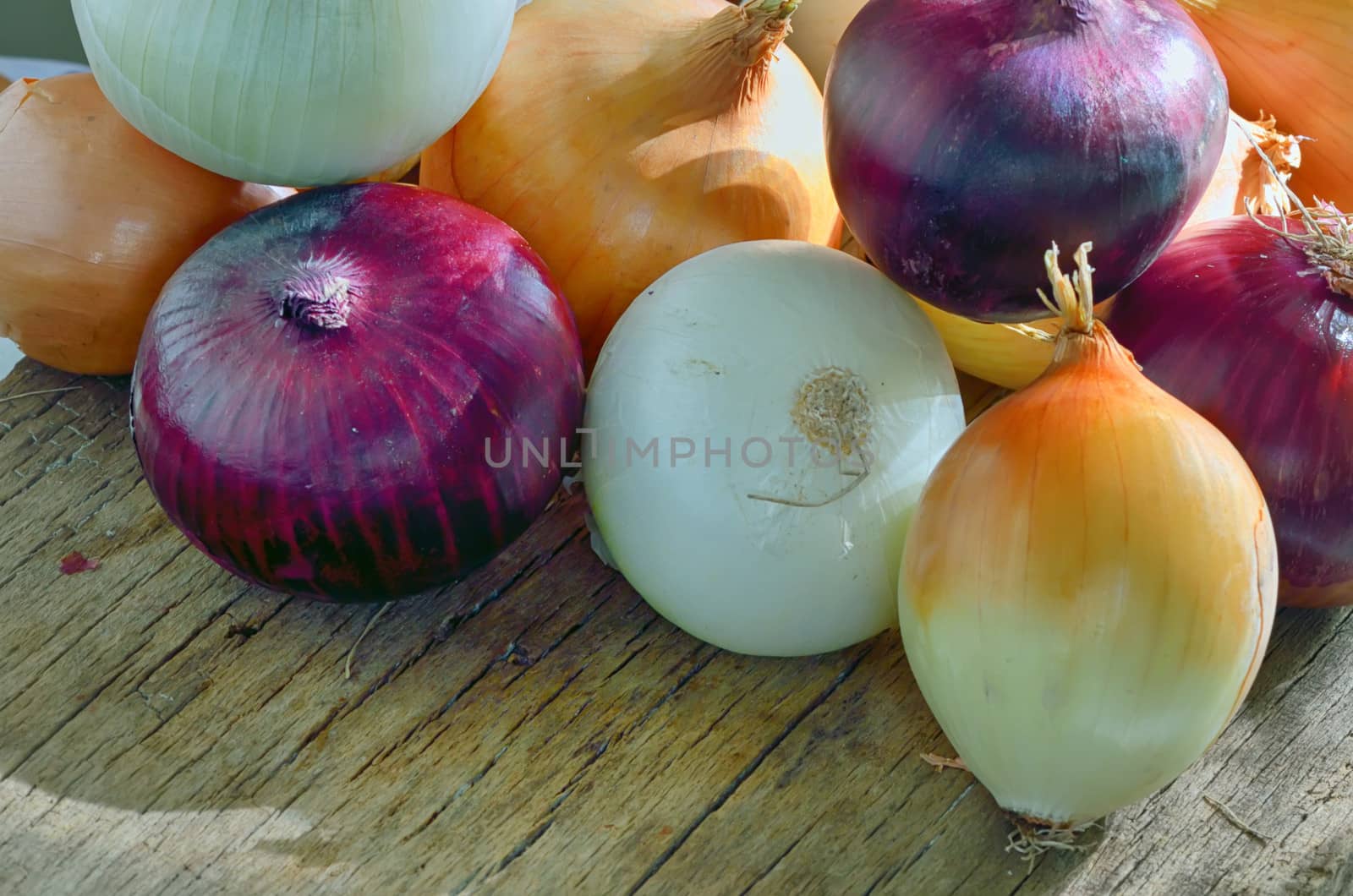 different kinds of onions in closeup on wooden table