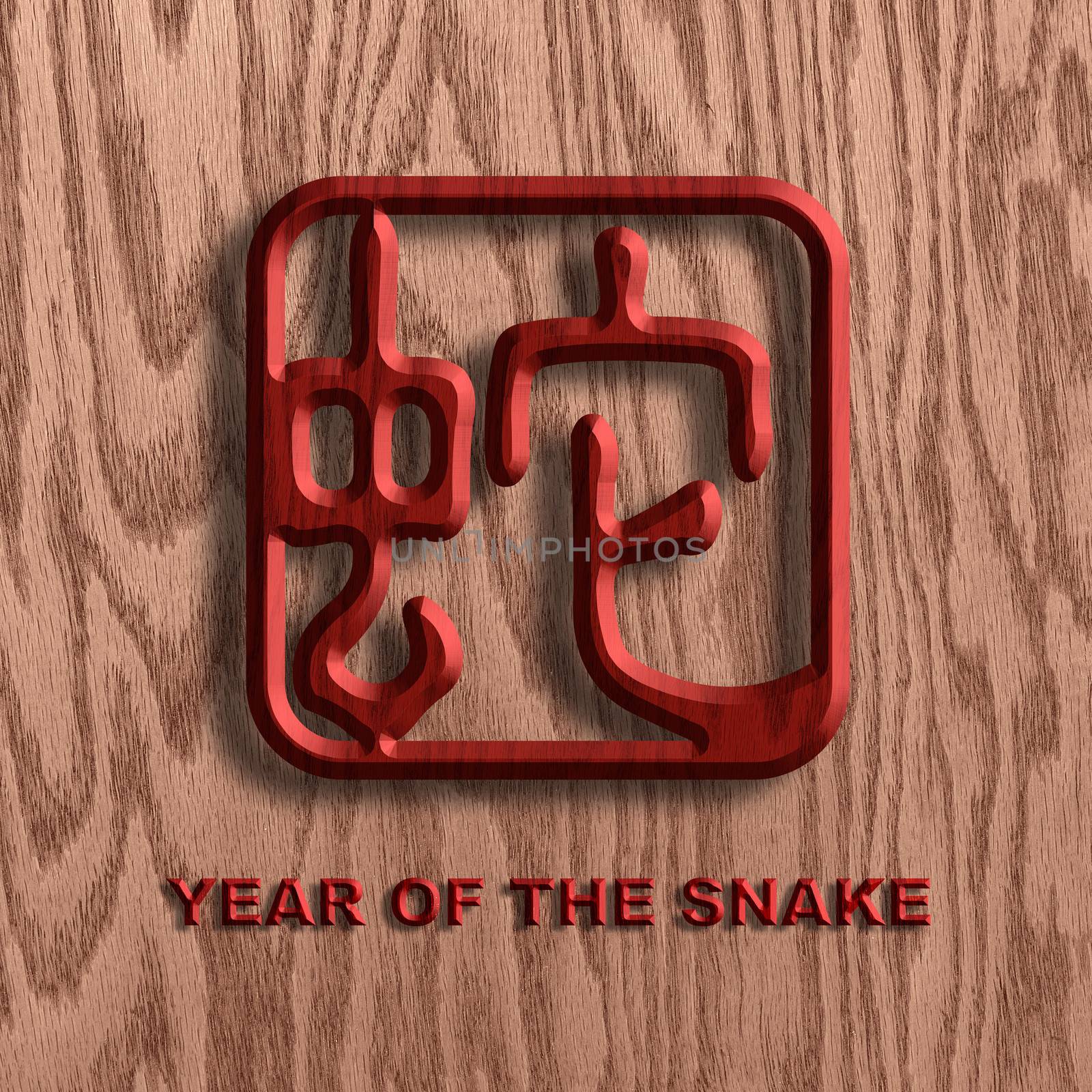 Chinese Text Snake Symbol Wooden Chop on Wood Grain Background Illustration