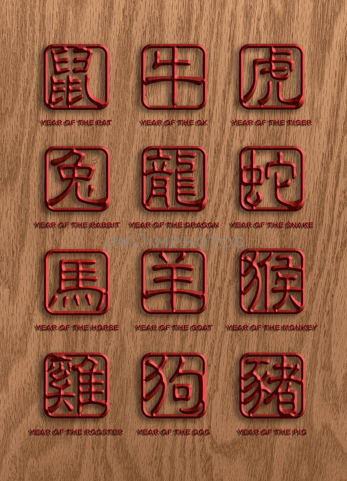 12 Chinese Zodiac Animals Text Character in Wood Grain Stamp Chop Sign on Wood Background Illustration 