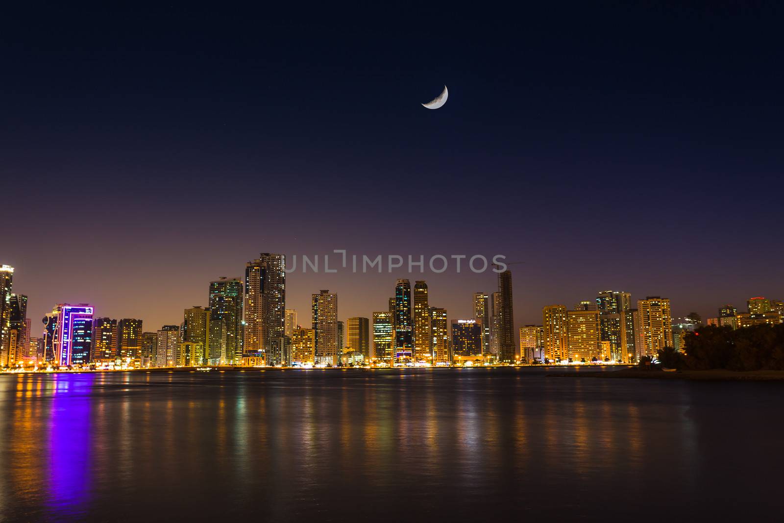 Skyscrapers in Sharjah city. Khalid Lagoon.UAE.