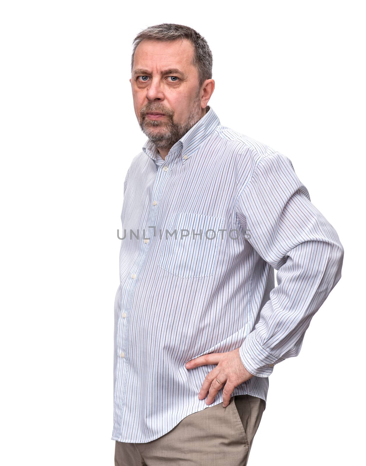 Handsome positive middle-aged business man standing and thinking, isolated over white background.