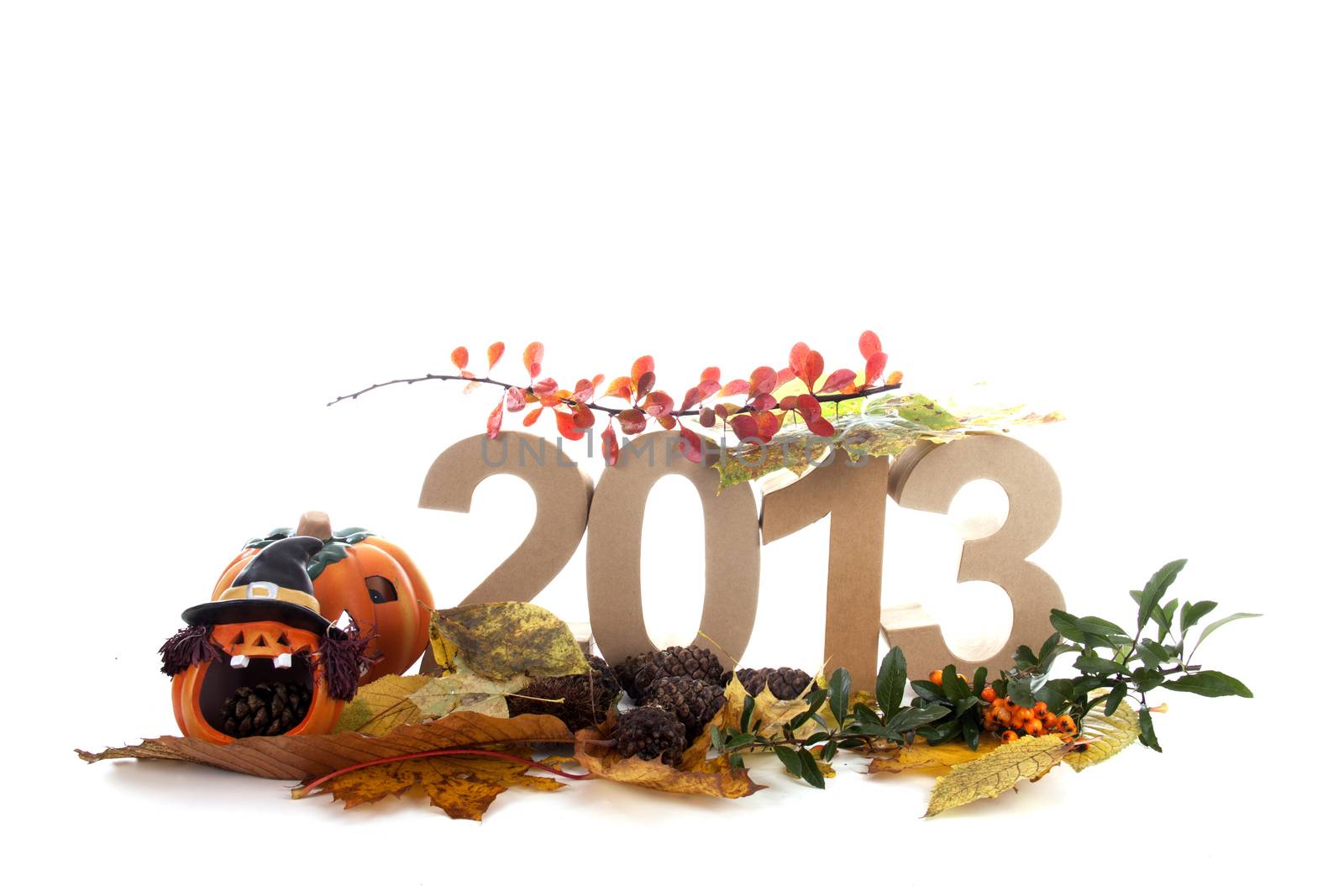 Year in numbers with autumn leaves and other product for New Year