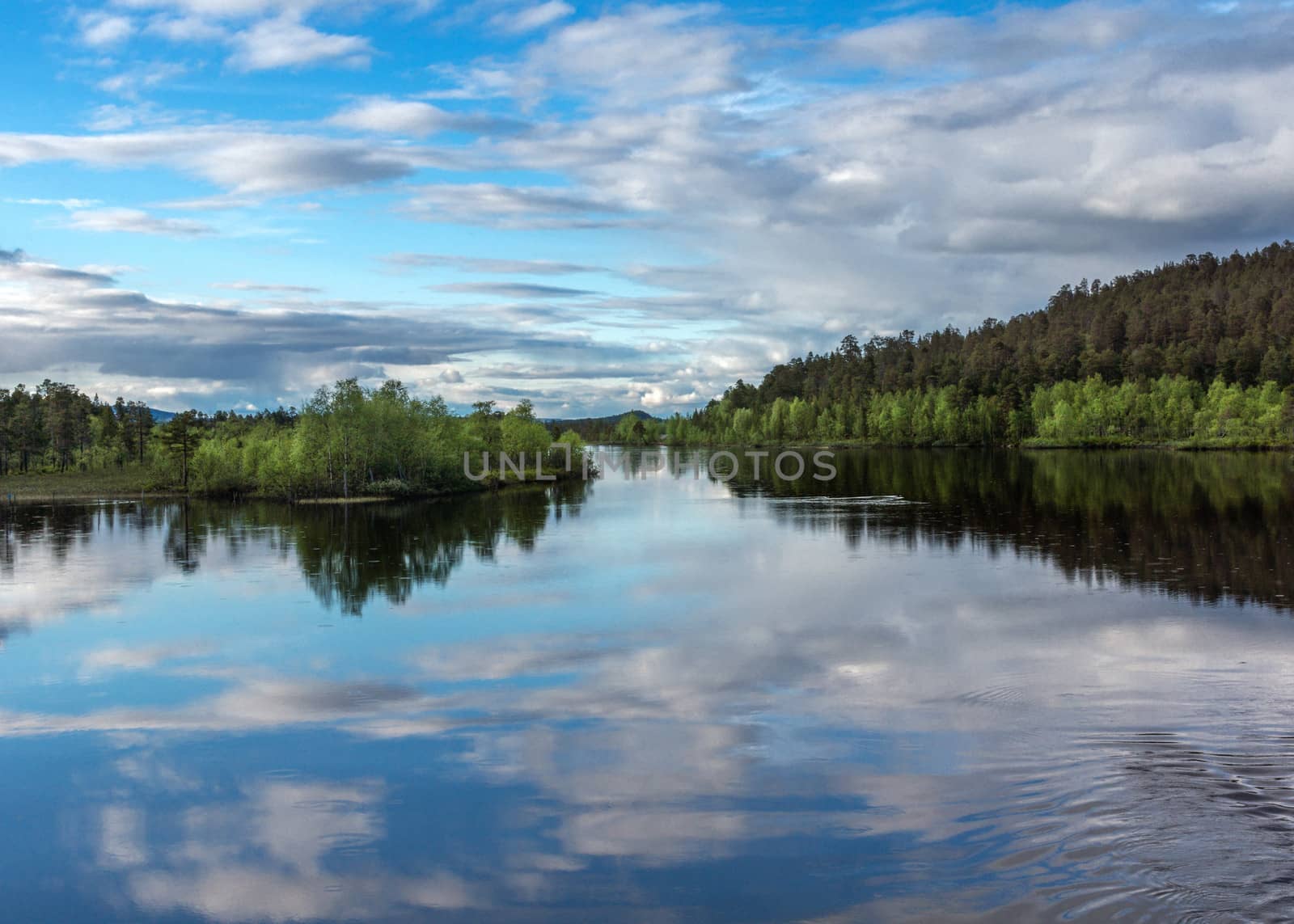Plenty of water and forests under blue skies filled with all kind of clouds, all mirrored in lake.