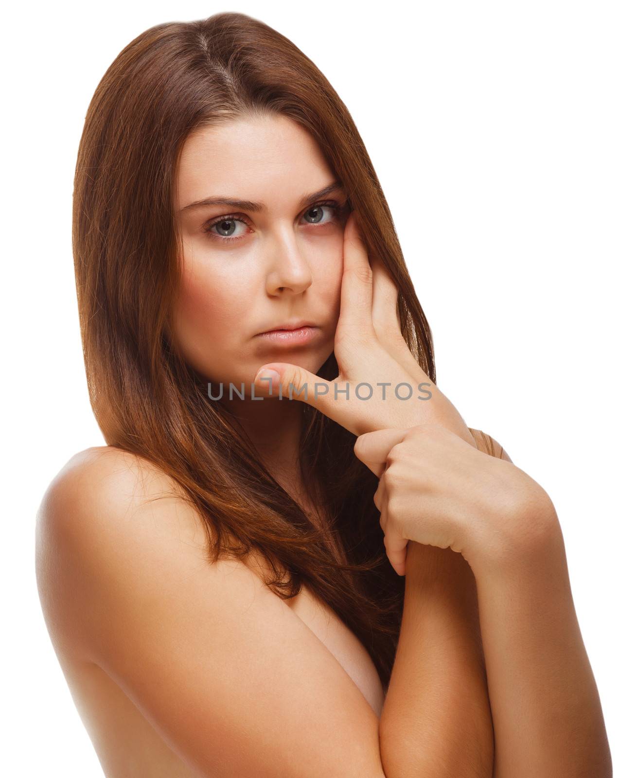 brunette perfect girl portrait women skin hands eyes isolated on white background