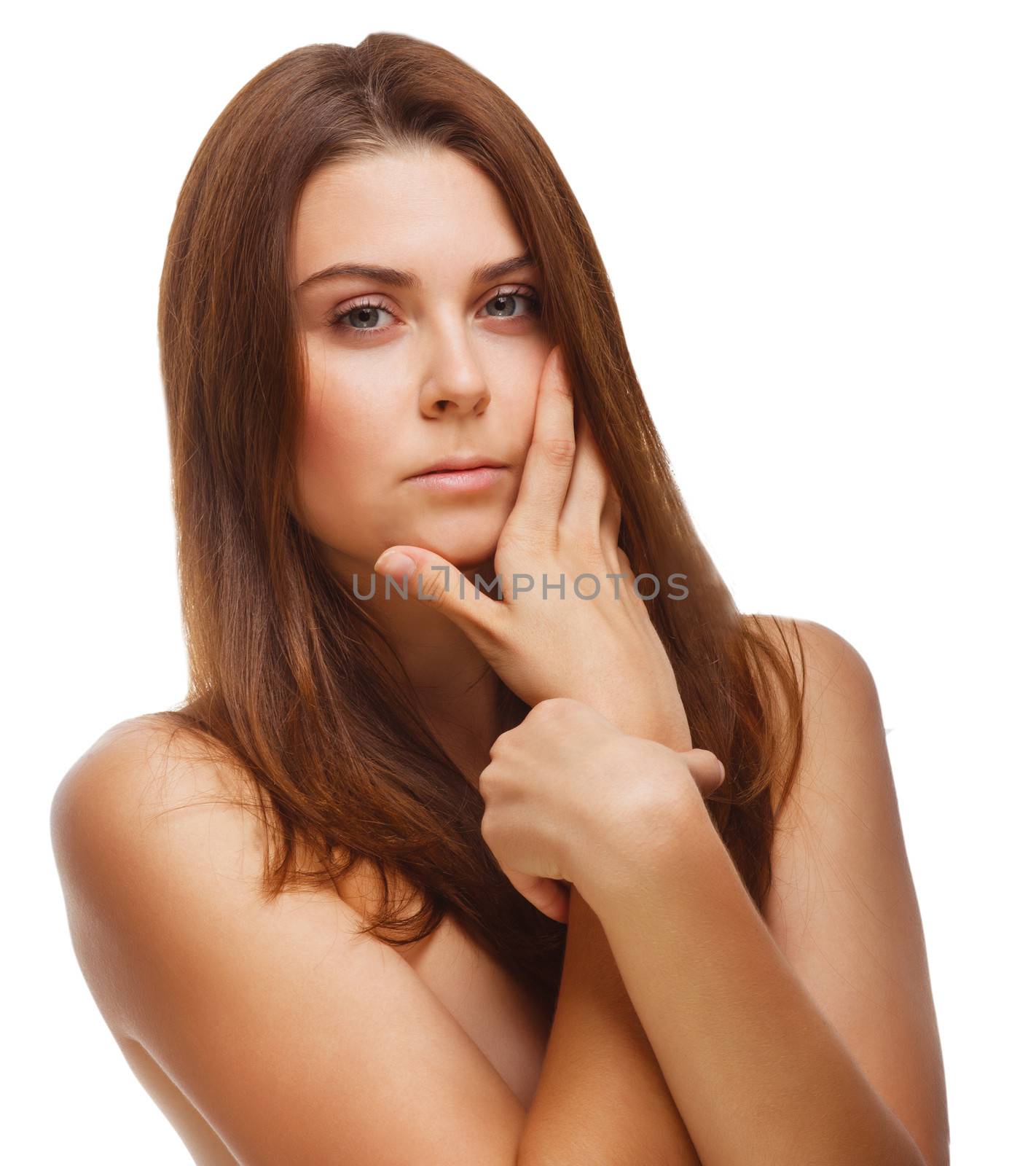 brunette perfect girl up looking portrait women skin hands eyes isolated
