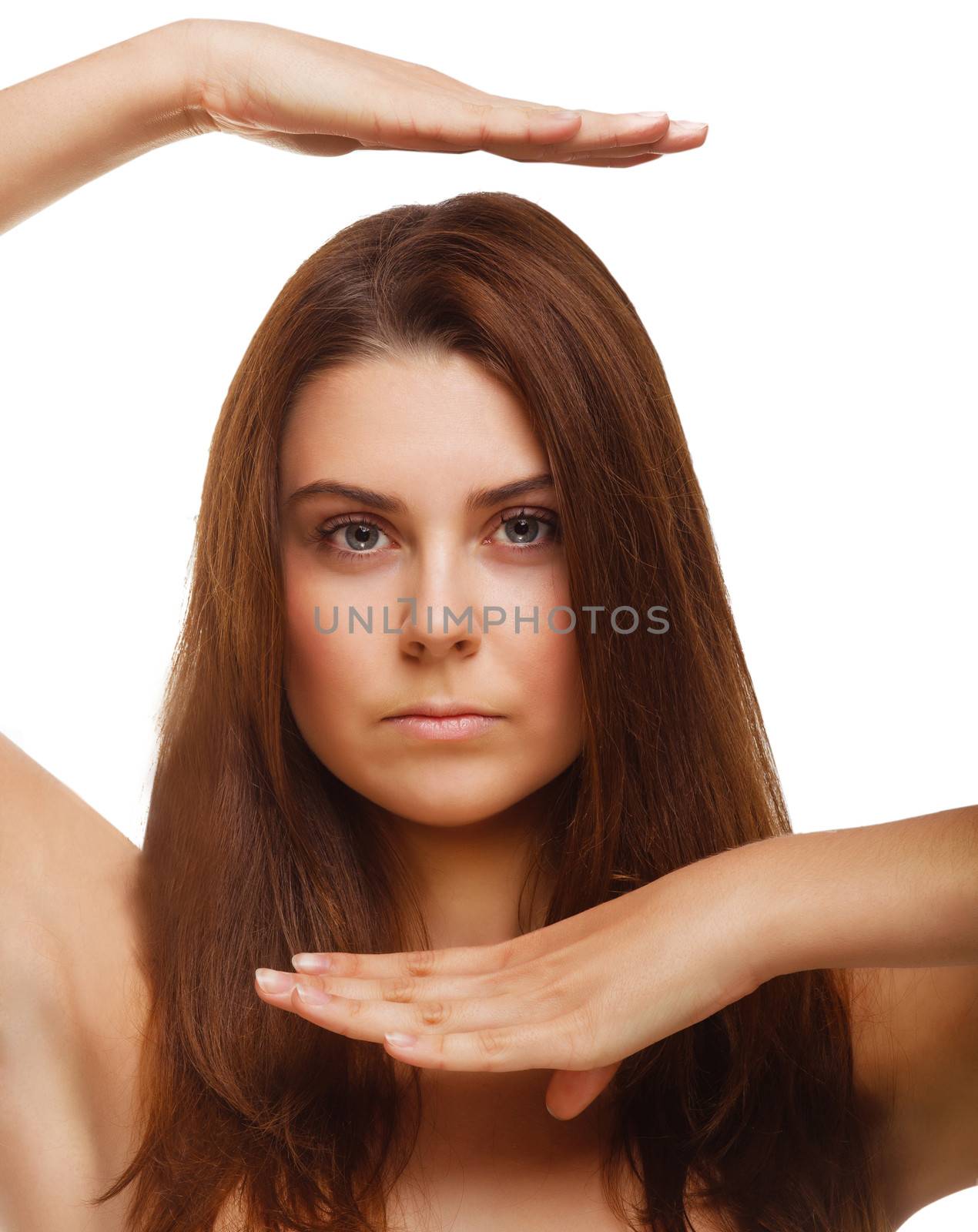 girl large portrait women perfect skin and hands eyes isolated on white background