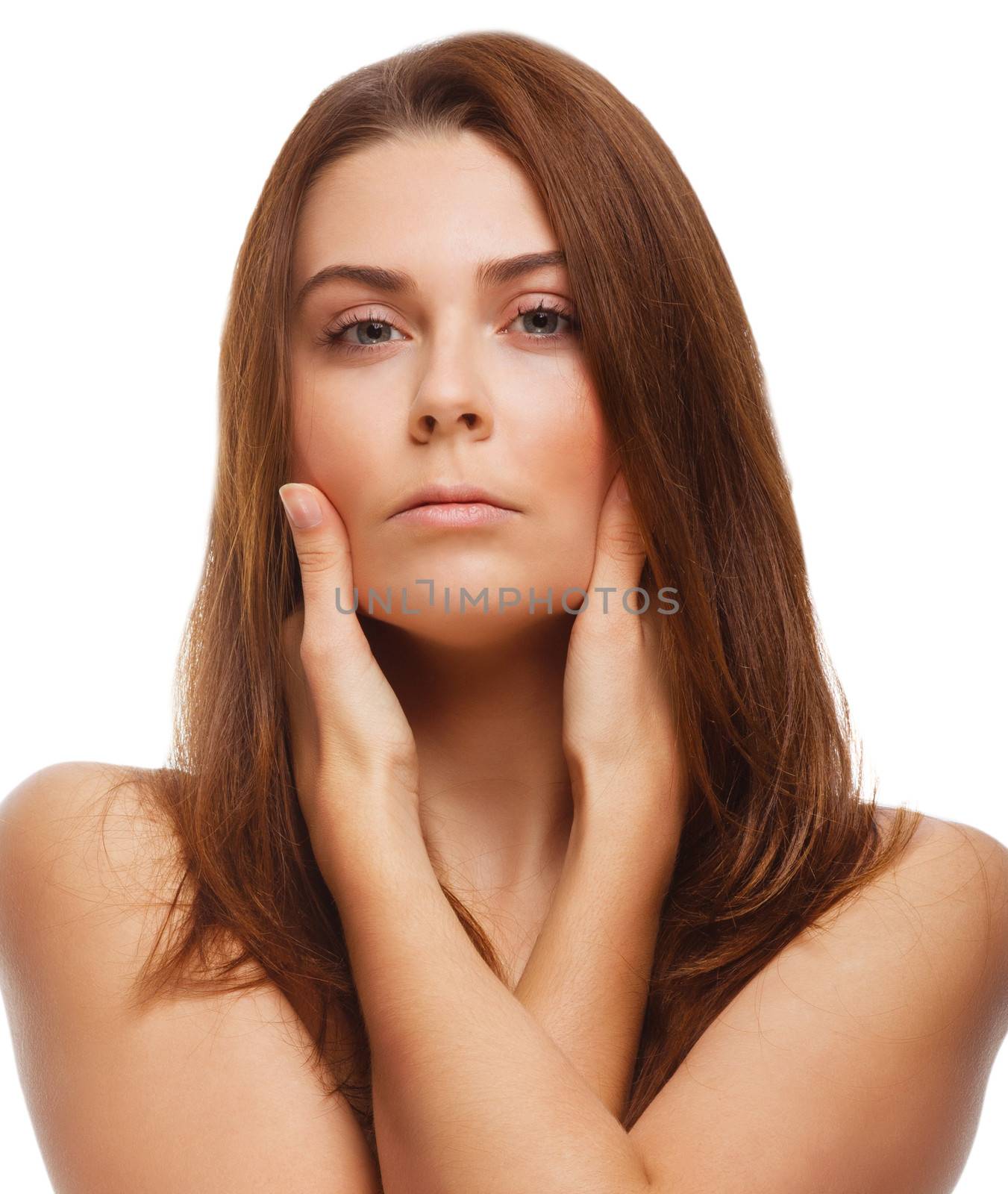 brunette woman girl covered her face half hand isolated