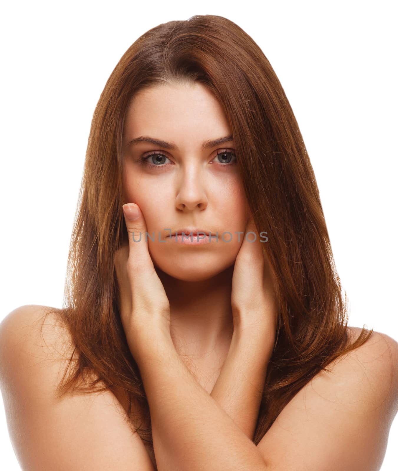 face brunette woman girl covered her half hand isolated