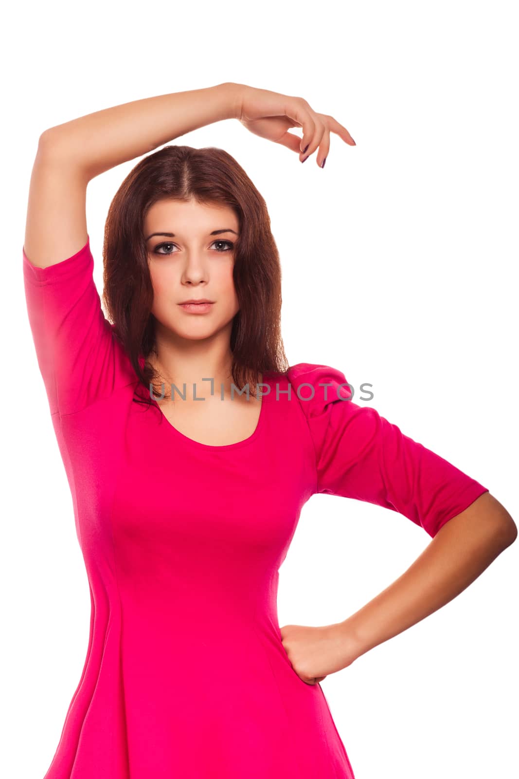 woman brunette girl in a pink dress isolated on white background