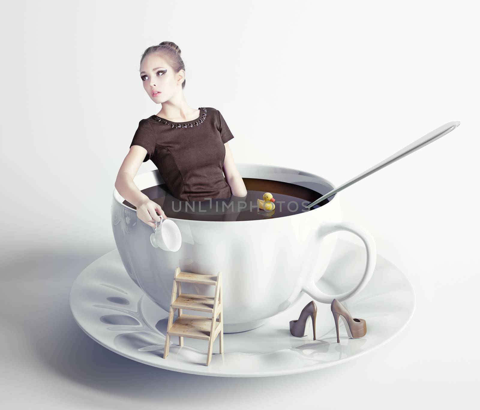 woman  in cup of coffee by vicnt
