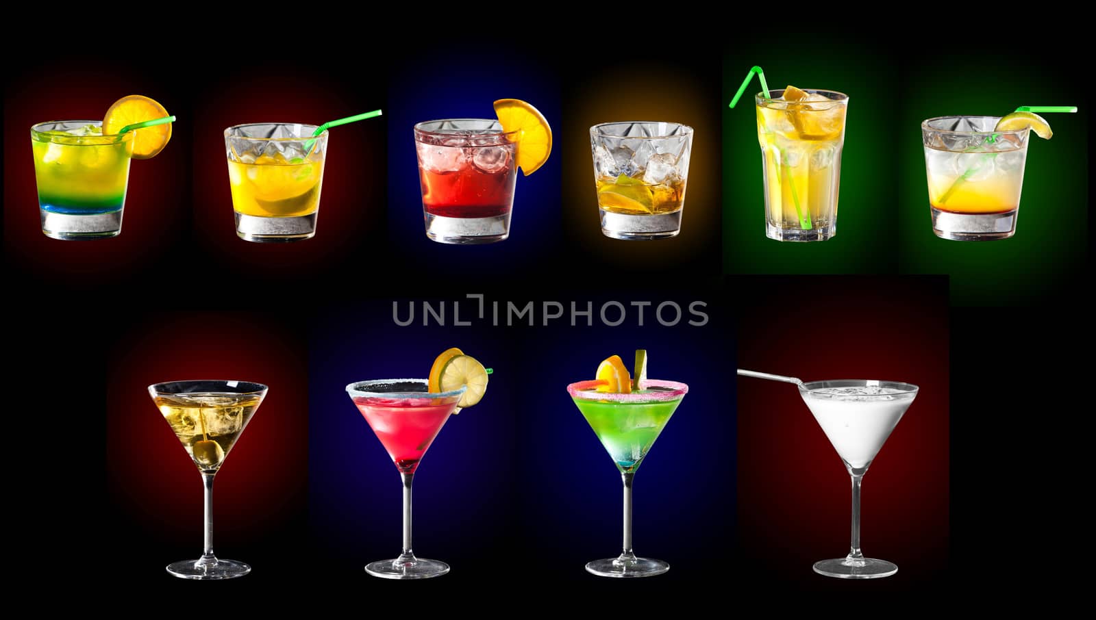 Set of coctails - pina colada, mojito, whisky on rocks, cosmopolitan and many more
