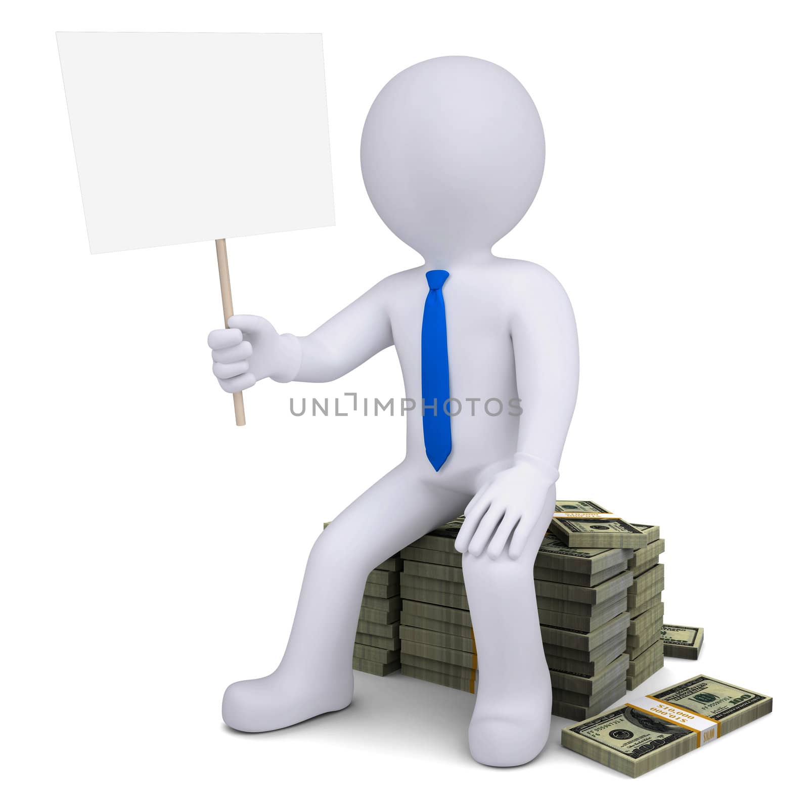 3d white man with a placard sitting on a pile of money. Isolated render on a white background
