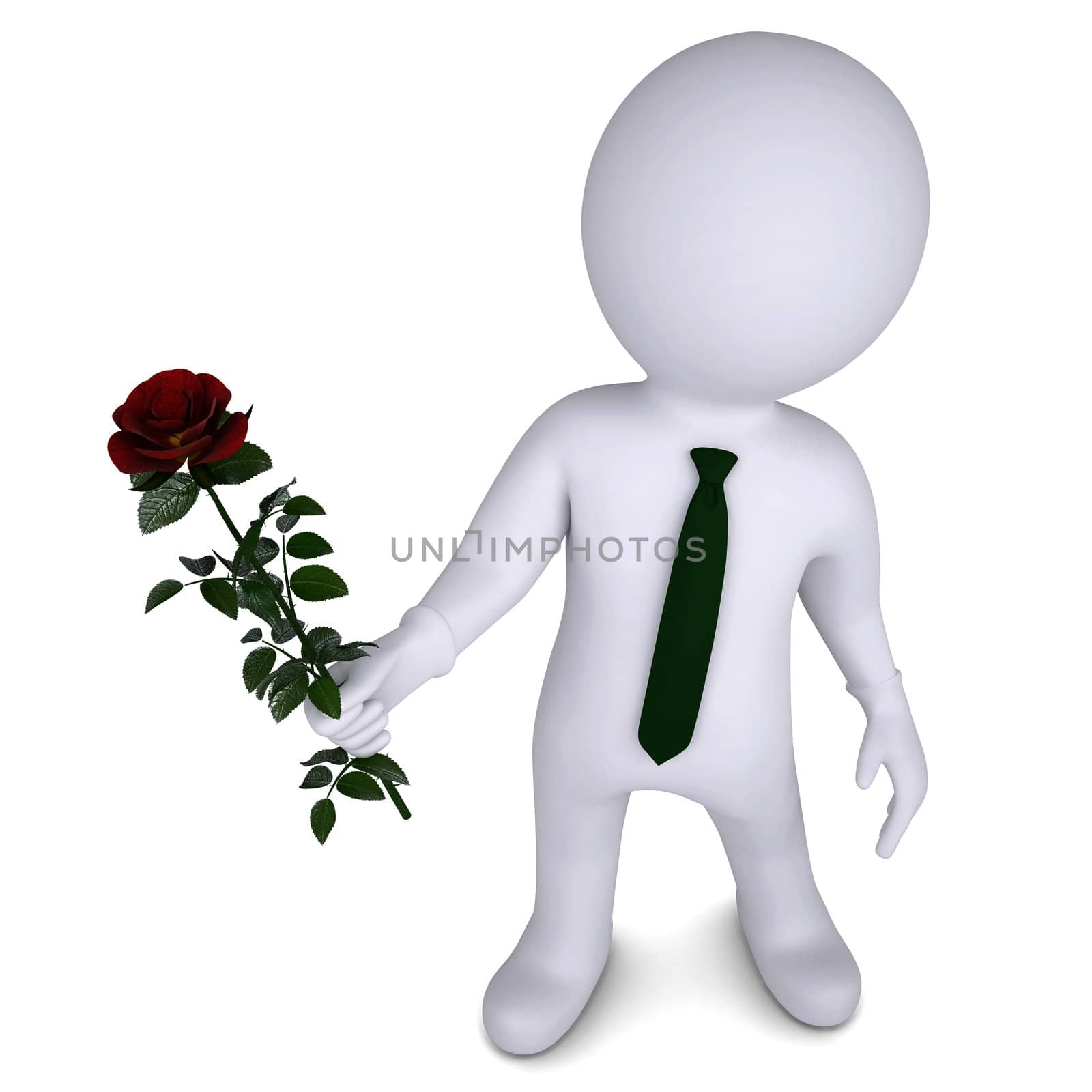 3d man holding a white rose. Isolated render on a white background
