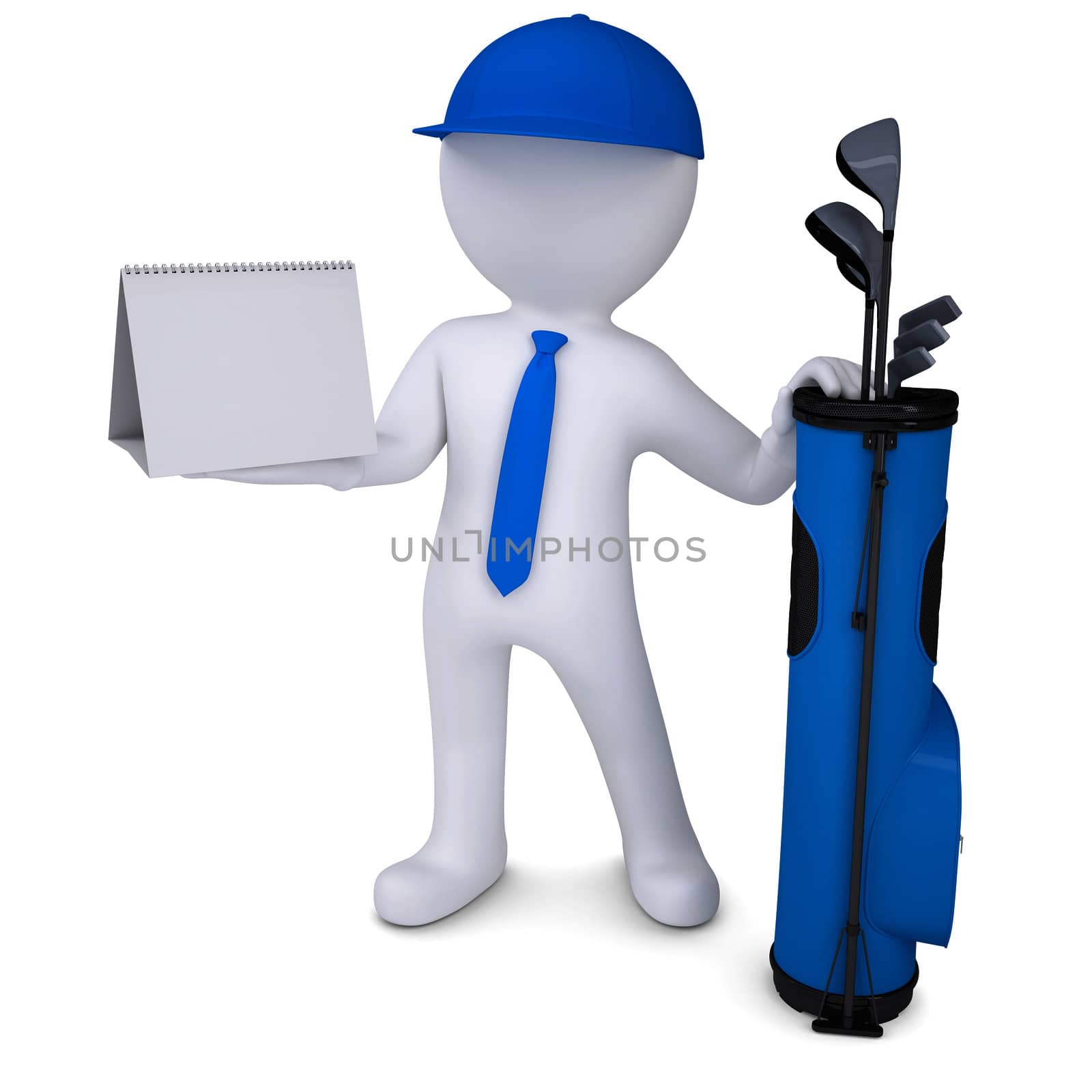 3d white man with a bag of golf clubsholding a calendar. Isolated render on a white background