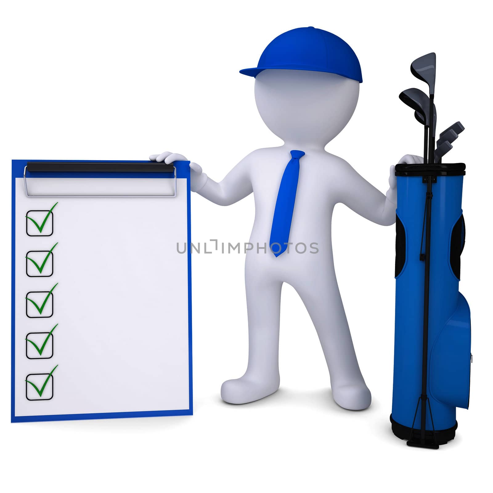3d white man with a bag of golf clubs, holding checklist. Isolated render on a white background