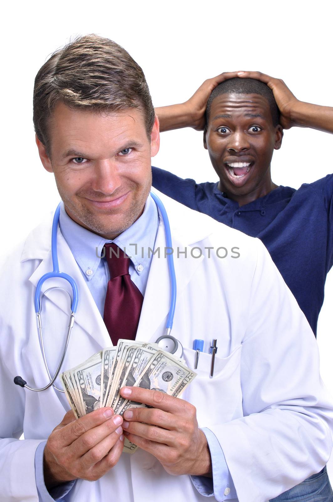 Greedy white male doctor with handful of money and smirky smile walks away from upset male patient on white background