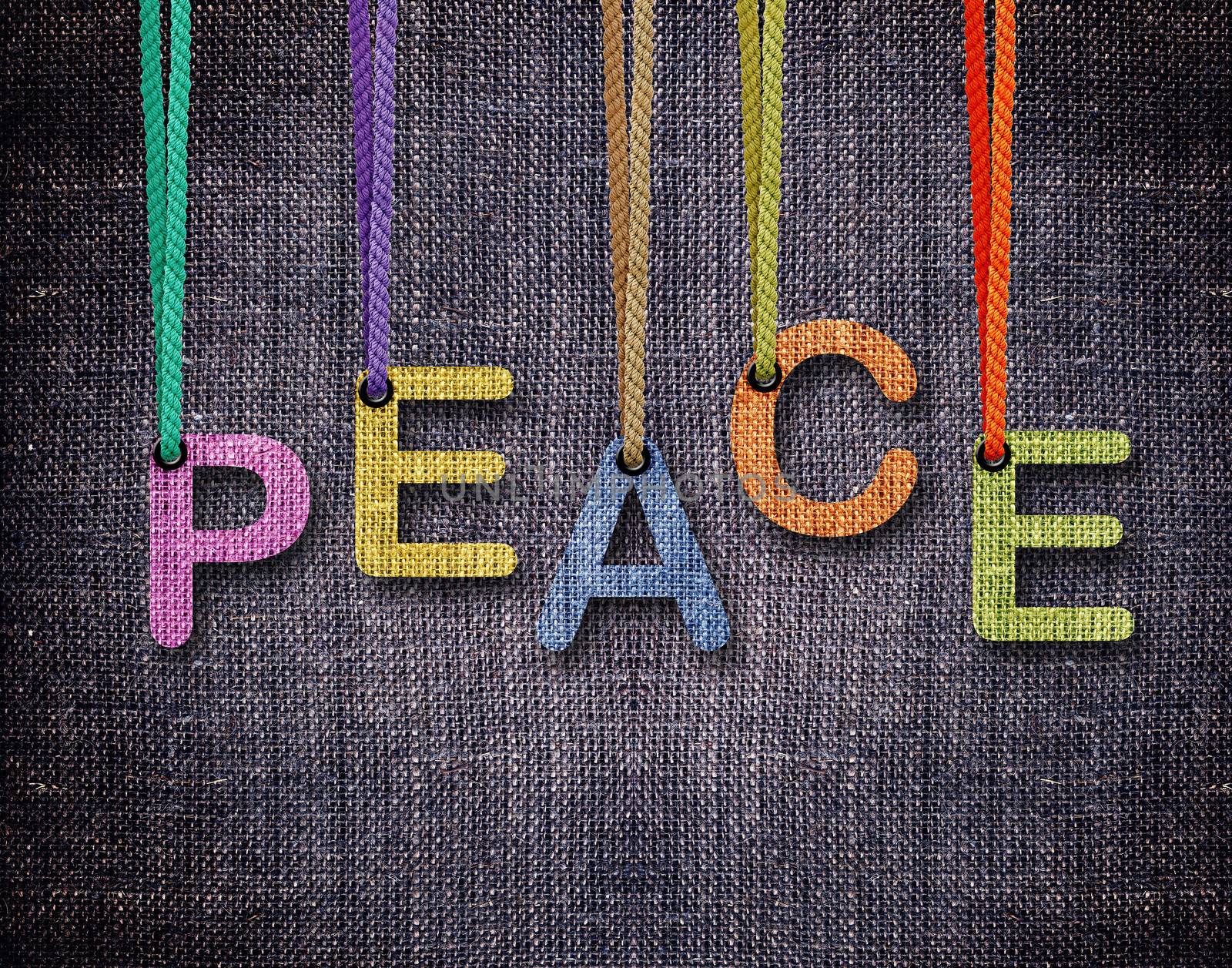 Peace Letters hanging strings with blue sackcloth background.