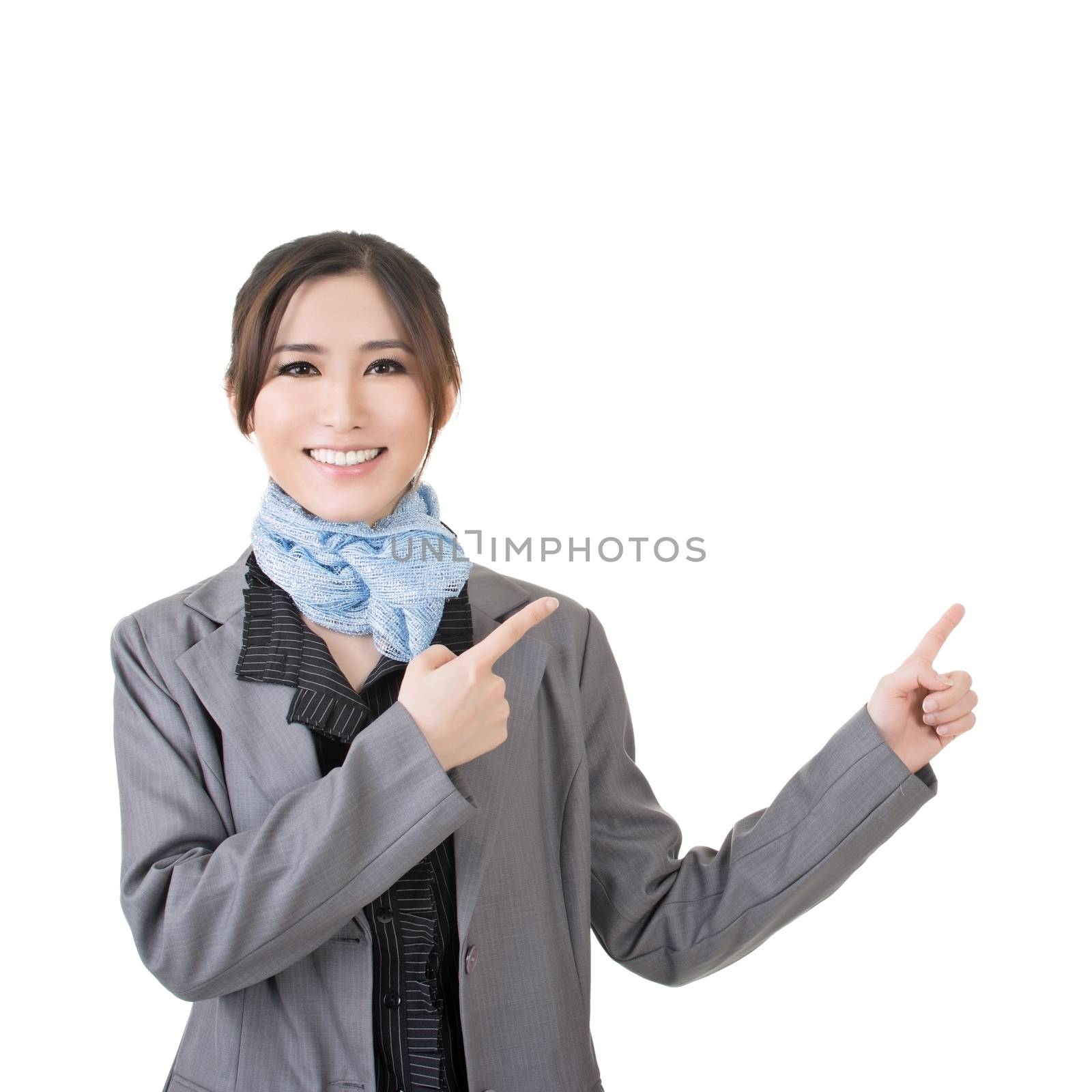 Happy business woman of Asian show something, closeup portrait on white background.