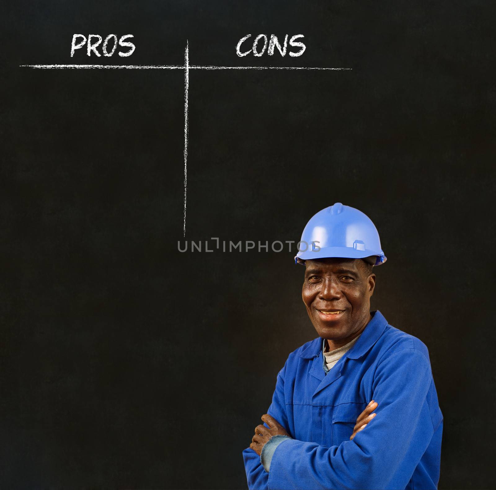 African American black man worker with chalk pros and cons decision list on a blackboard background