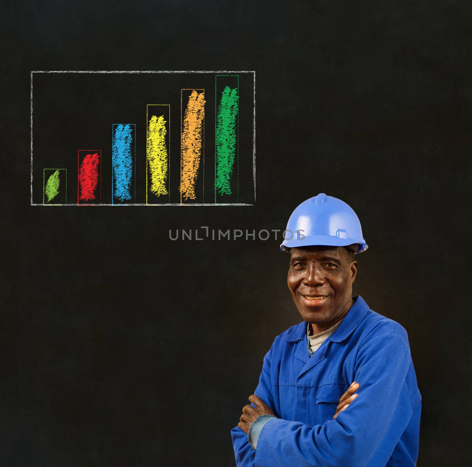 African American black man worker with chalk bar graph on a blackboard background