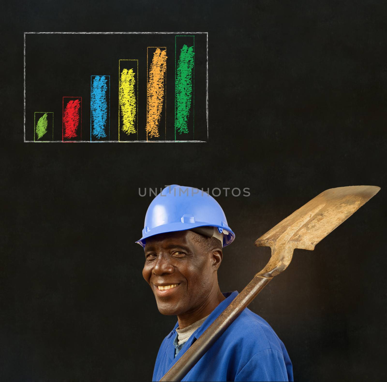 African American black man worker with chalk bar graph on a blackboard background by alistaircotton