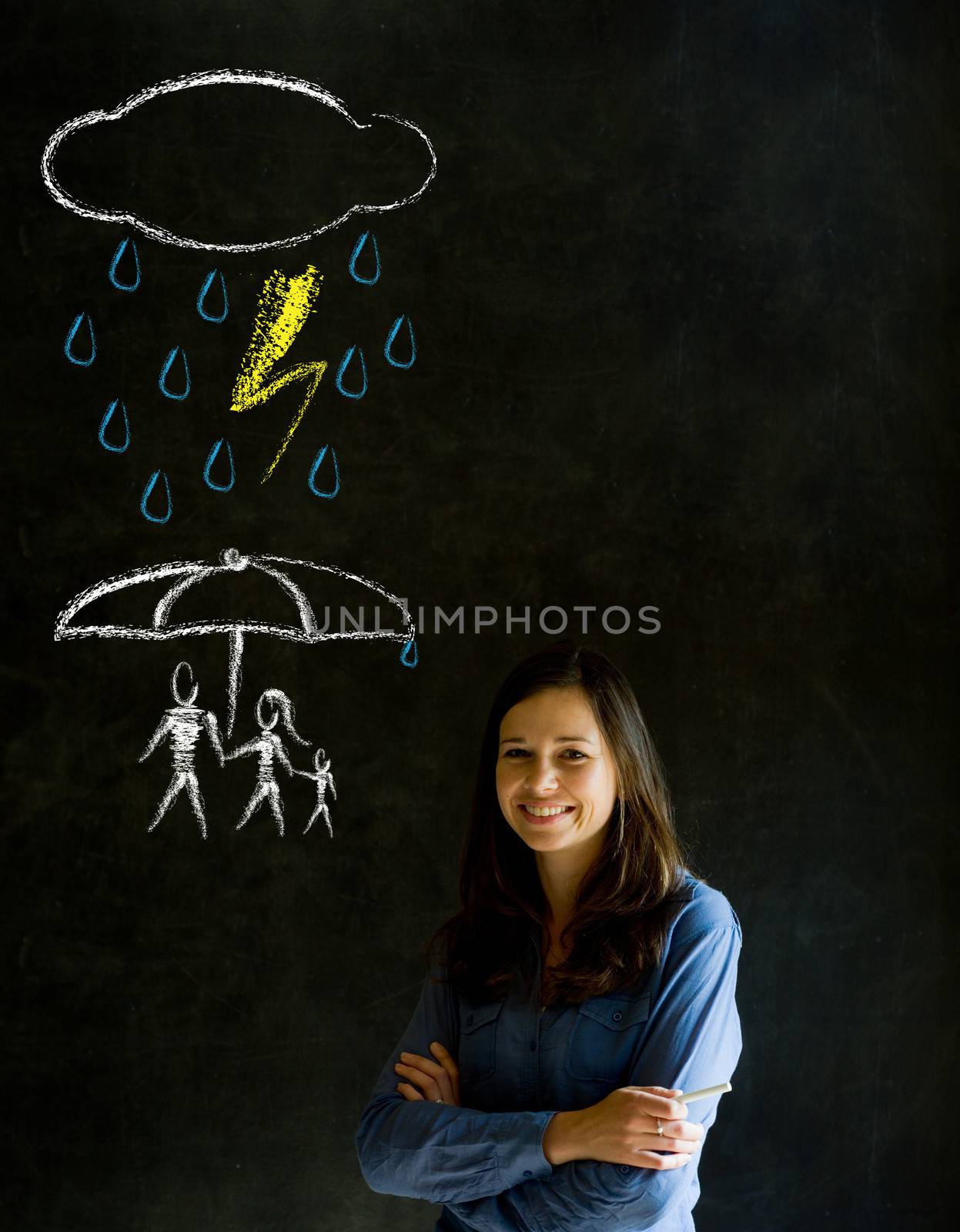 Woman Teacher thinking about protecting family from natural disaster on blackboard background