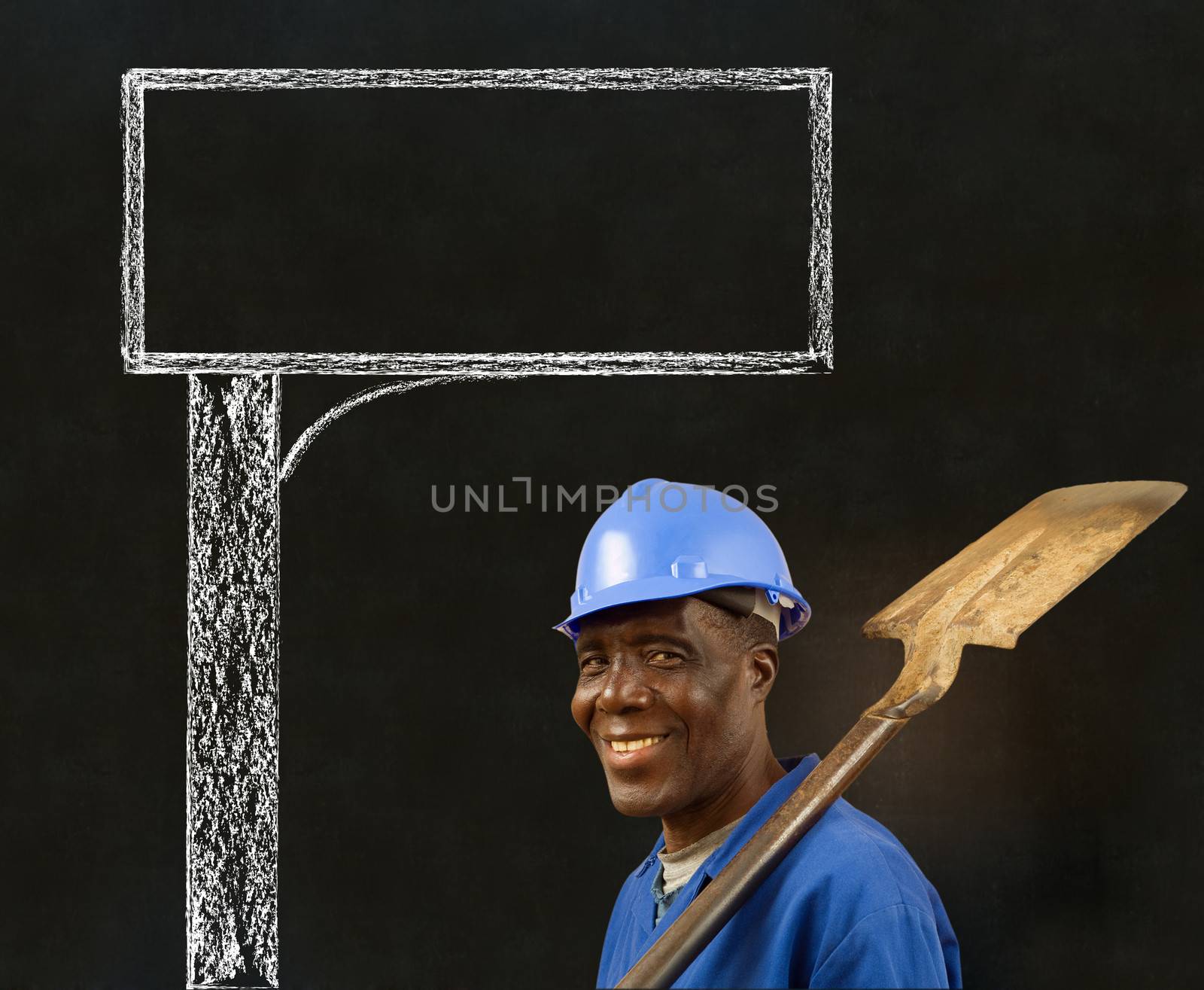 African American black man worker with a chalk road advertising sign on a blackboard background